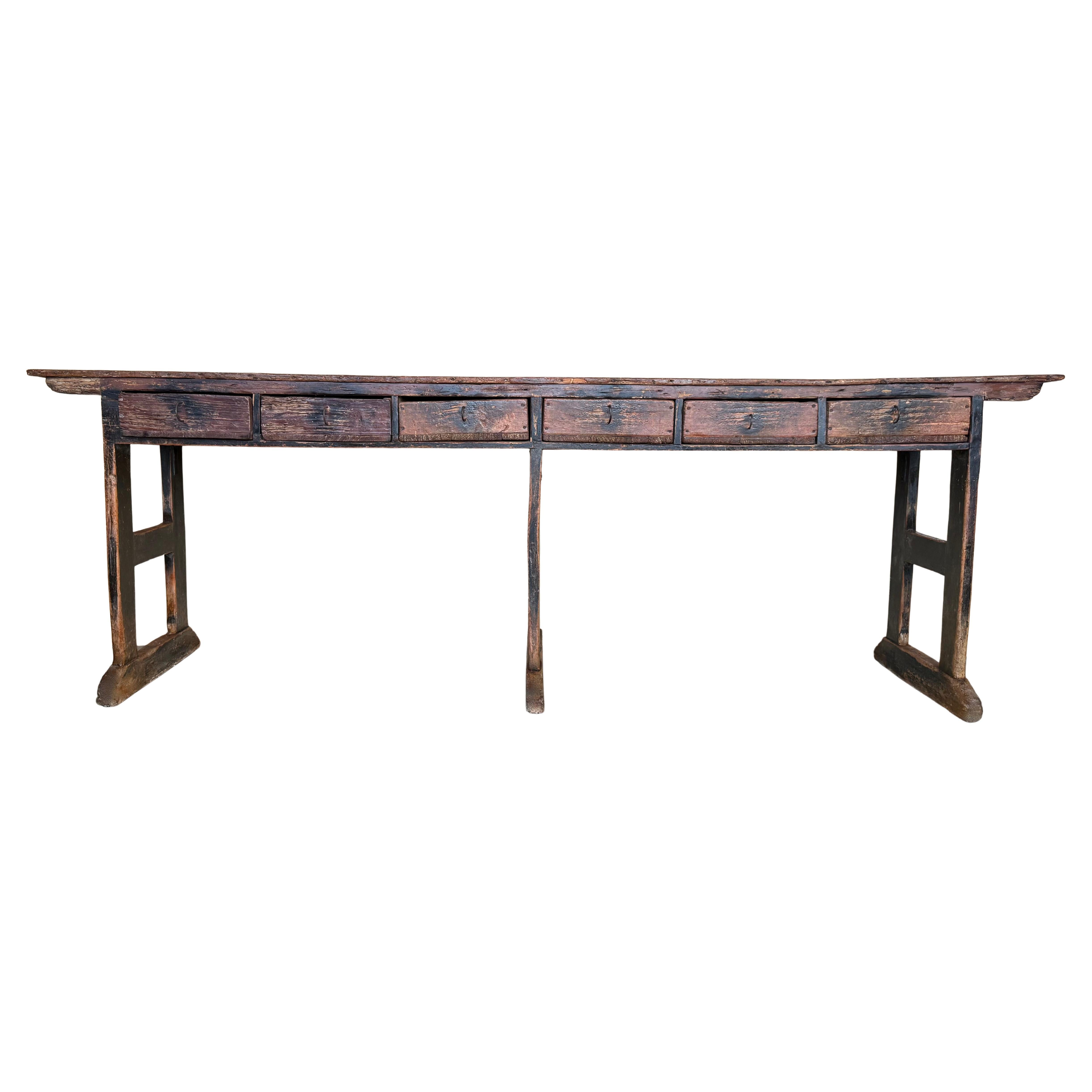 Large Solid Wood Walnut Console Table with Six Drawers