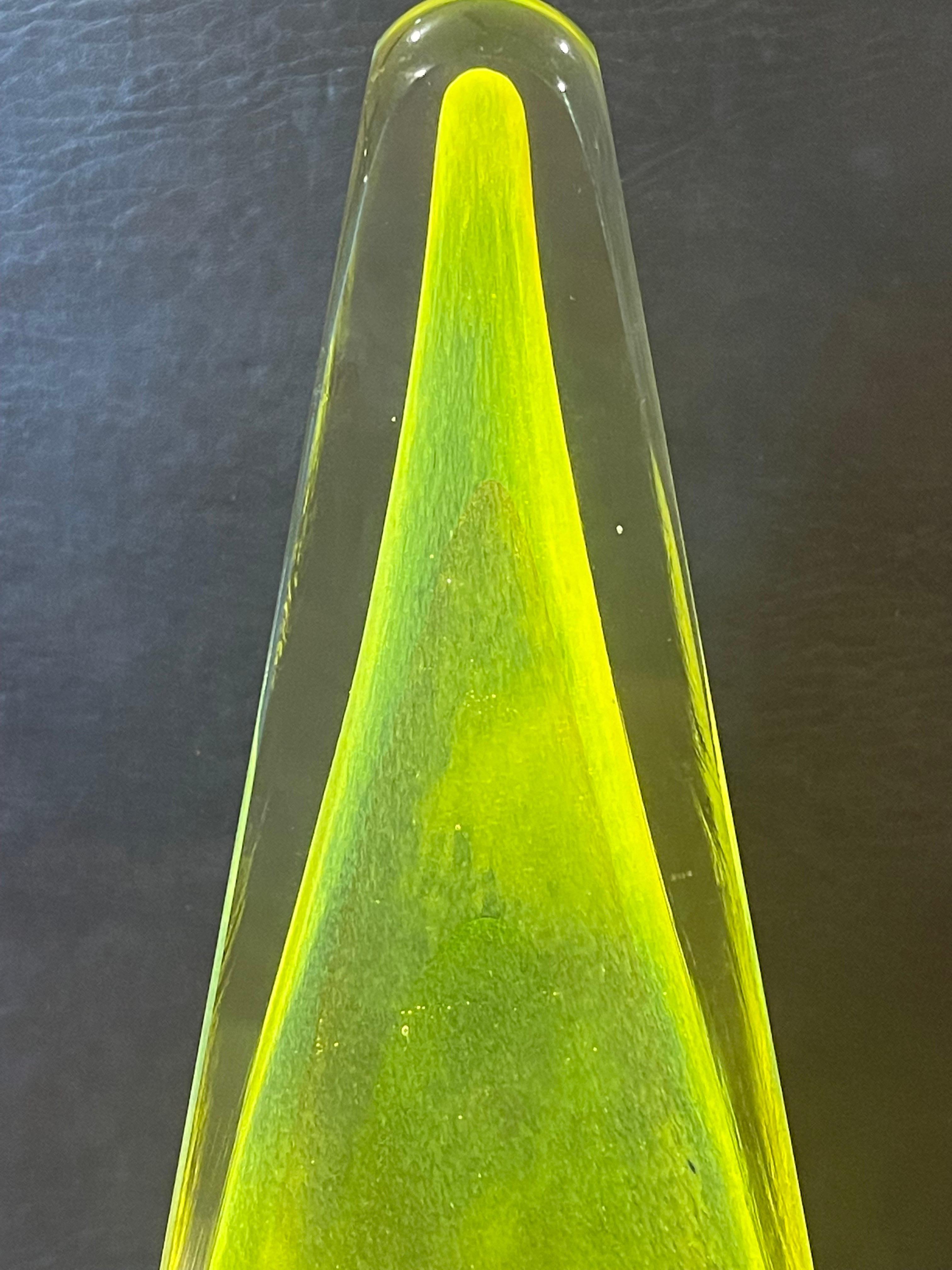 Mid-Century Modern Large Sommerso Uranium Art Glass Pyramid Sculpture by Murano Glass For Sale