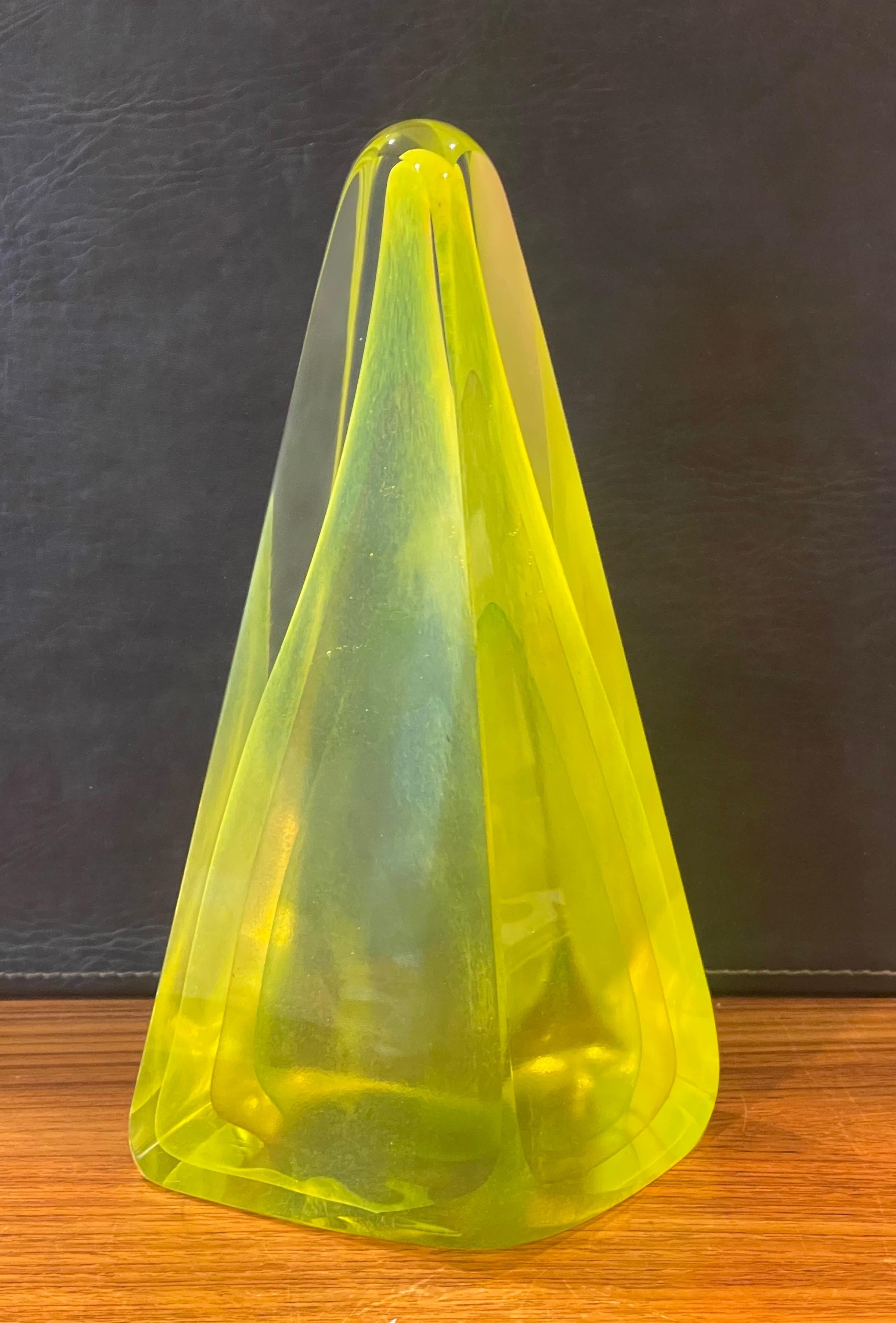 Italian Large Sommerso Uranium Art Glass Pyramid Sculpture by Murano Glass For Sale
