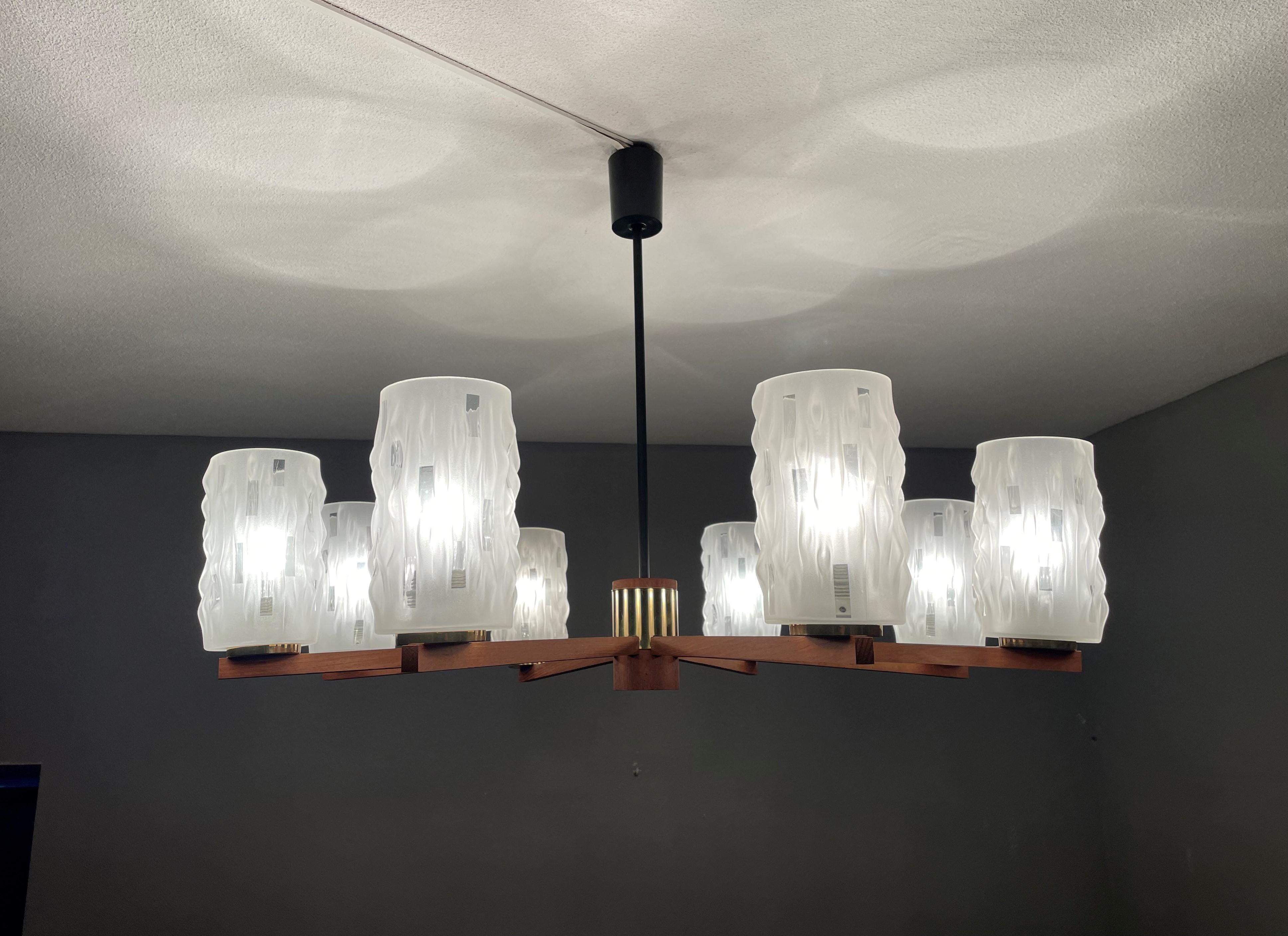 Large & Sophisticated Mid-Century Modern 8 Light Chandelier W. Art Glass Shades For Sale 8