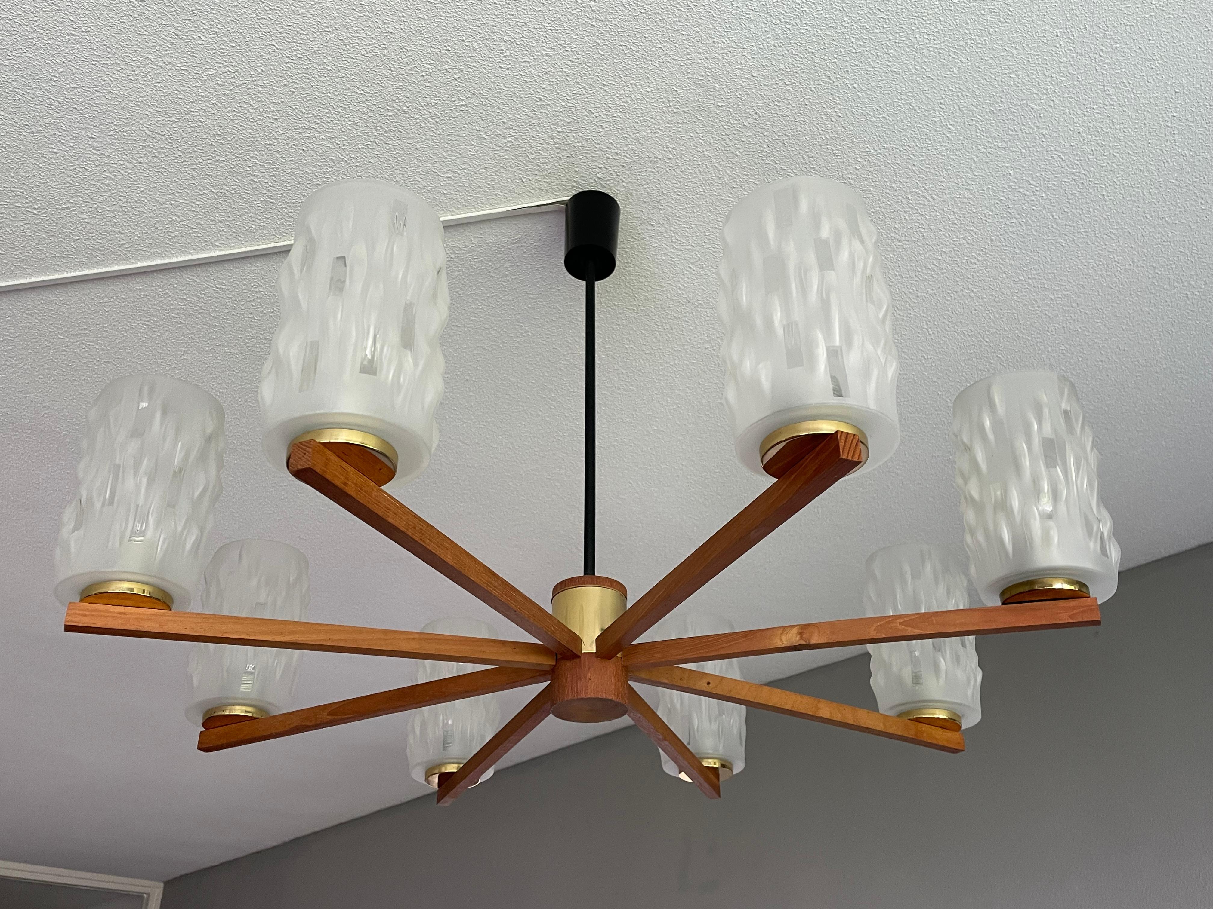 Large & Sophisticated Mid-Century Modern 8 Light Chandelier W. Art Glass Shades For Sale 9