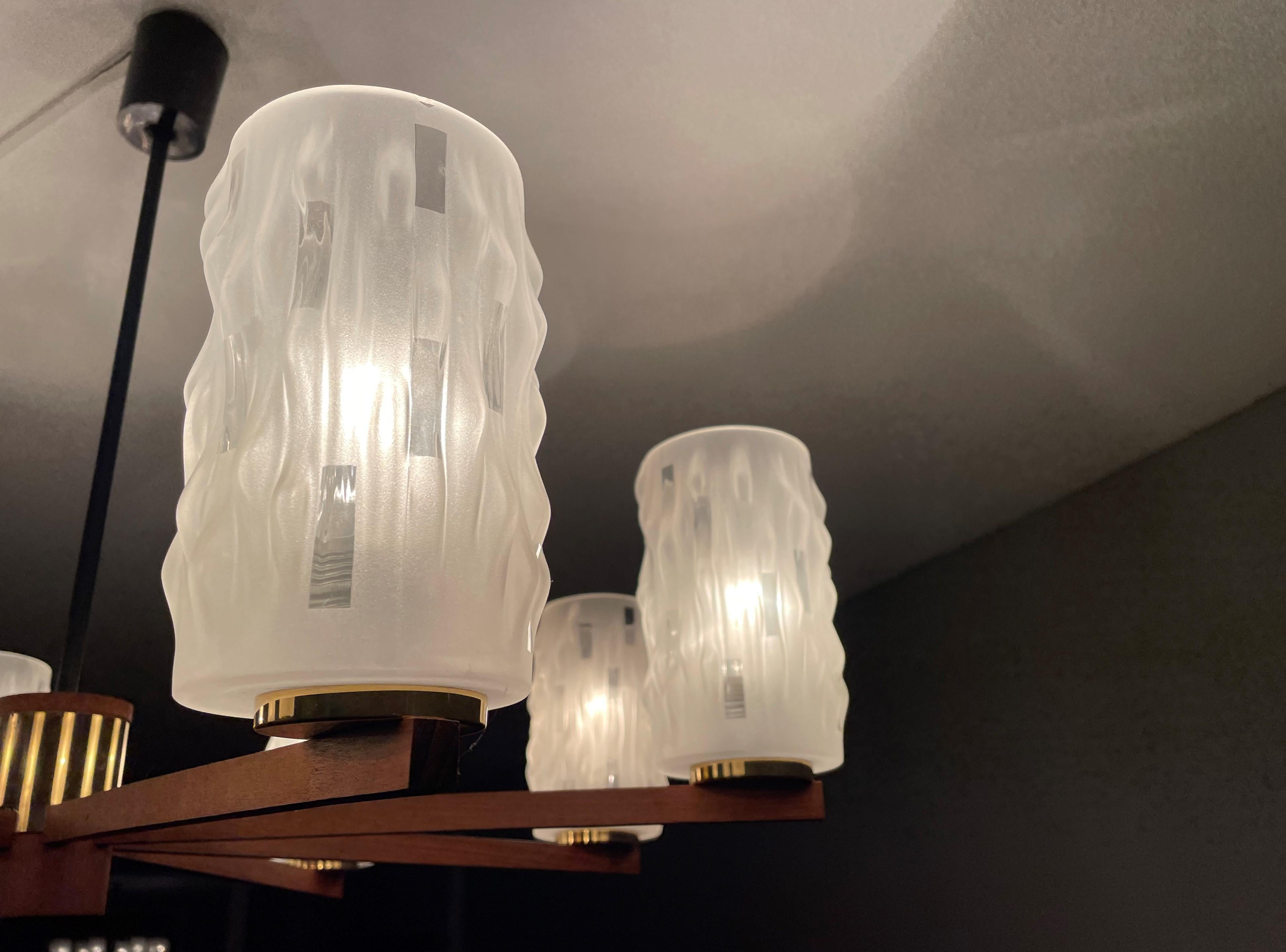 Large & Sophisticated Mid-Century Modern 8 Light Chandelier W. Art Glass Shades For Sale 10