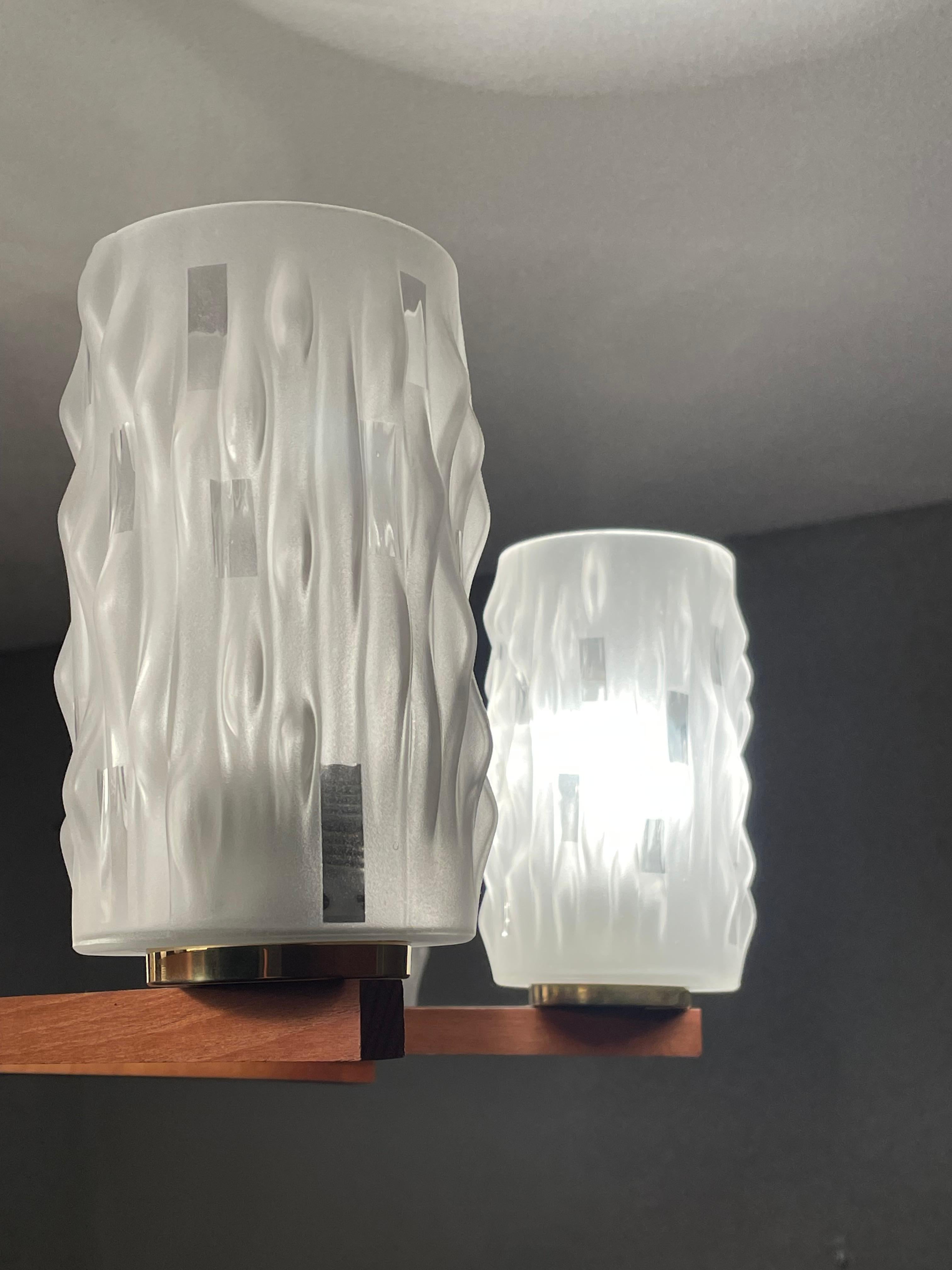 Cast Large & Sophisticated Mid-Century Modern 8 Light Chandelier W. Art Glass Shades For Sale
