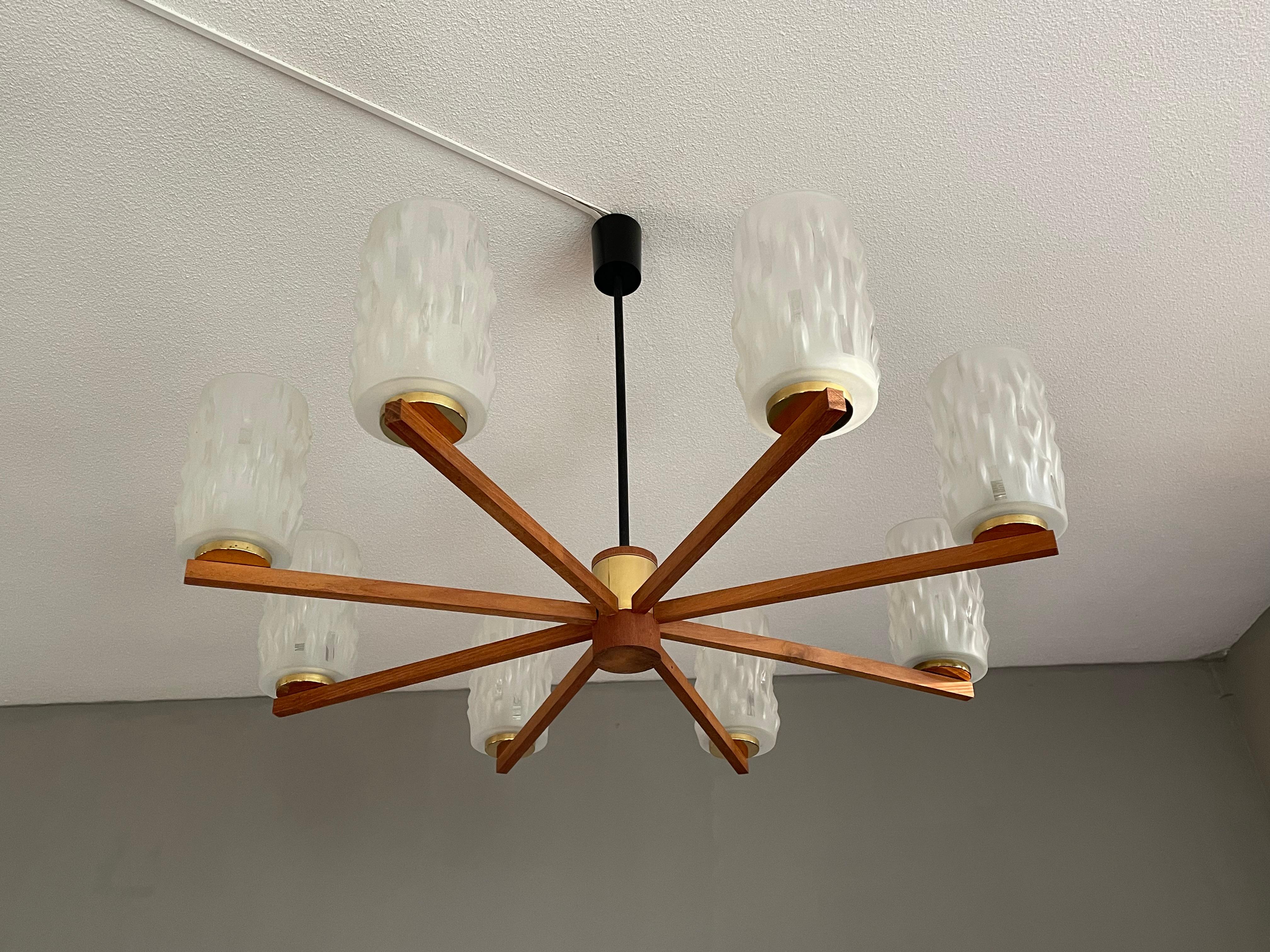 Metal Large & Sophisticated Mid-Century Modern 8 Light Chandelier W. Art Glass Shades For Sale