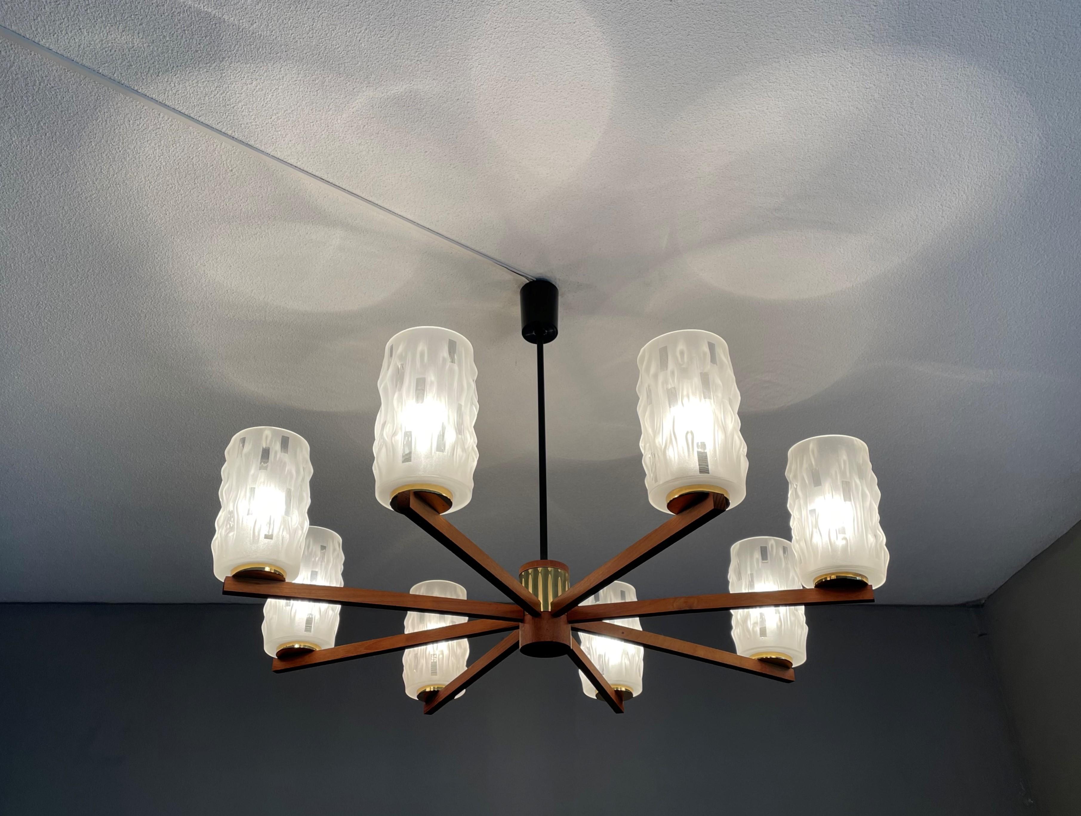Large & Sophisticated Mid-Century Modern 8 Light Chandelier W. Art Glass Shades For Sale 1