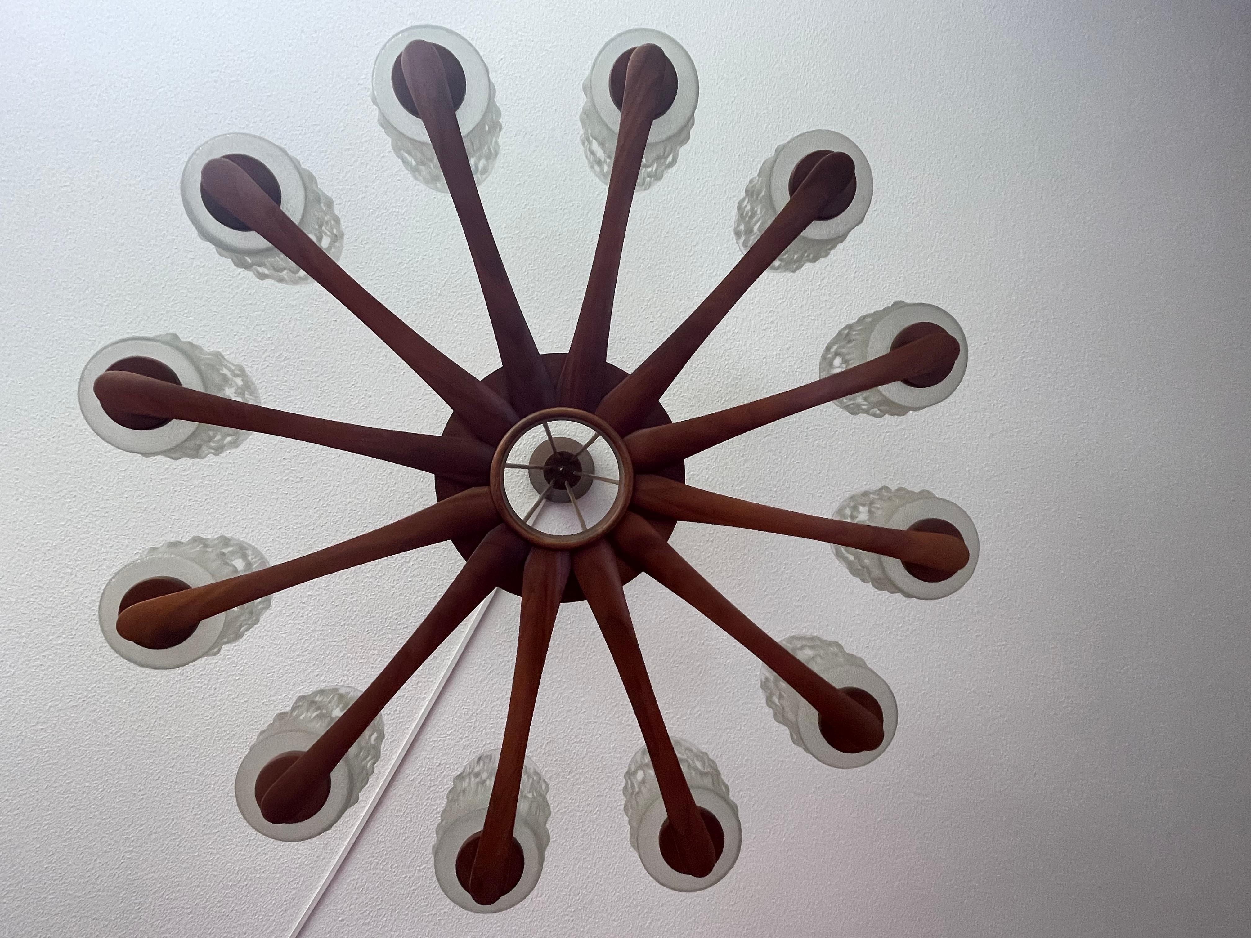 Large & Sophisticated Mid-Century Modern, Wood and Art Glass 12 Light Chandelier For Sale 6