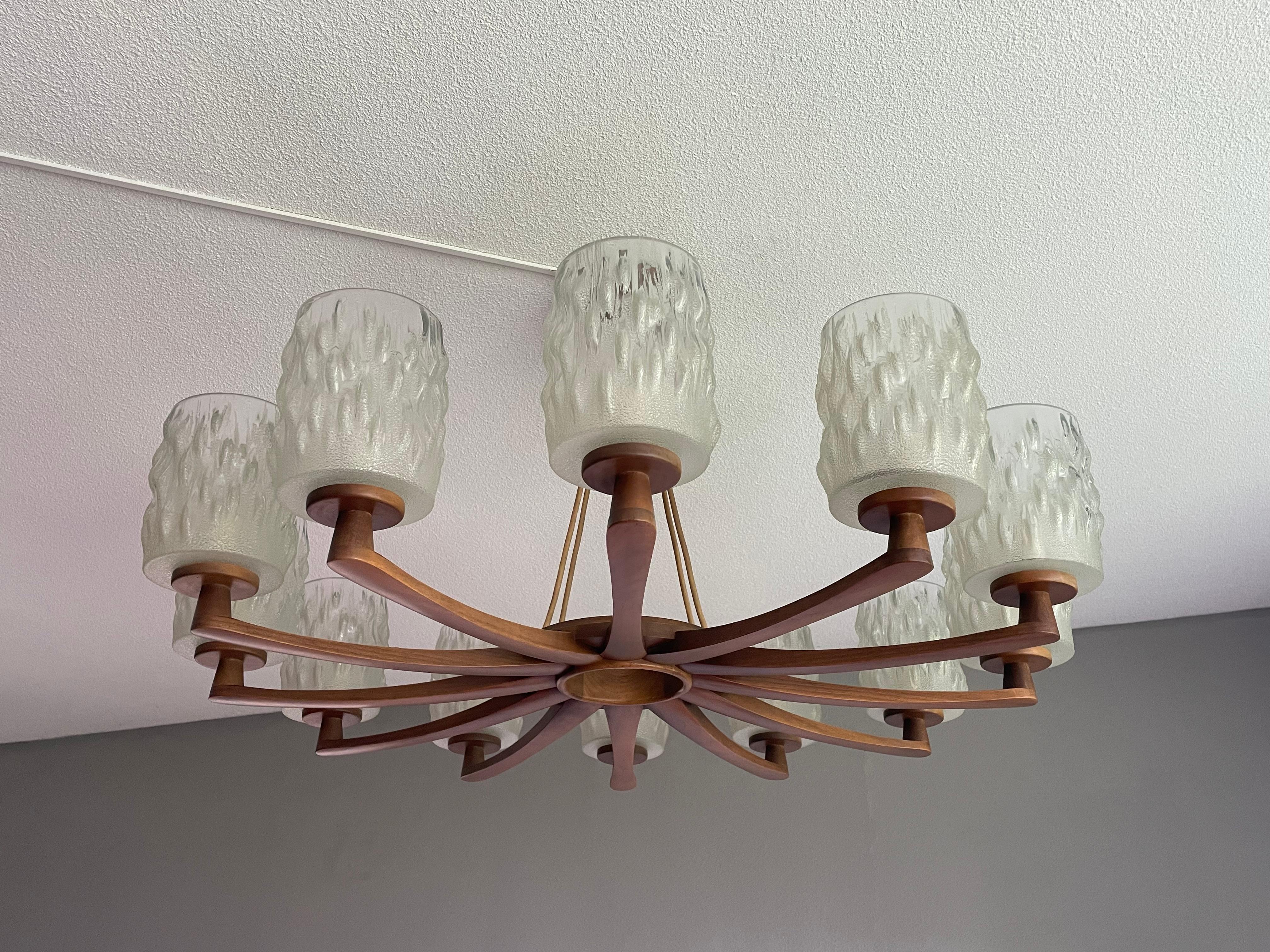 Large & Sophisticated Mid-Century Modern, Wood and Art Glass 12 Light Chandelier For Sale 7