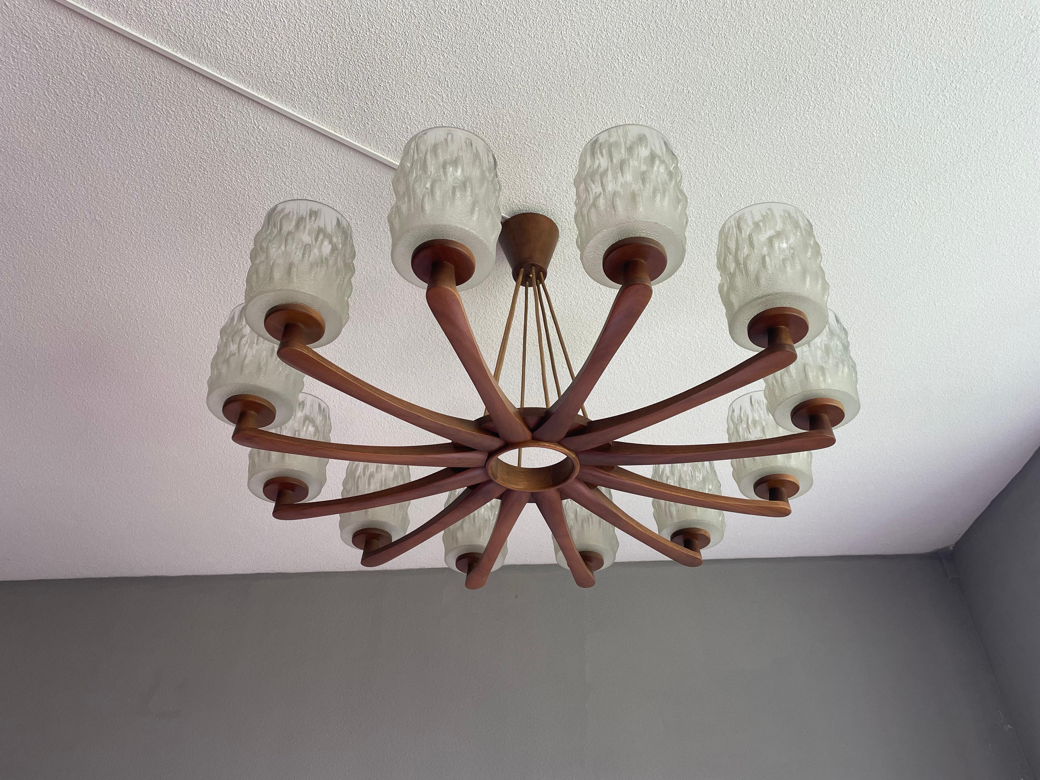 Large & Sophisticated Mid-Century Modern, Wood and Art Glass 12 Light Chandelier For Sale 9