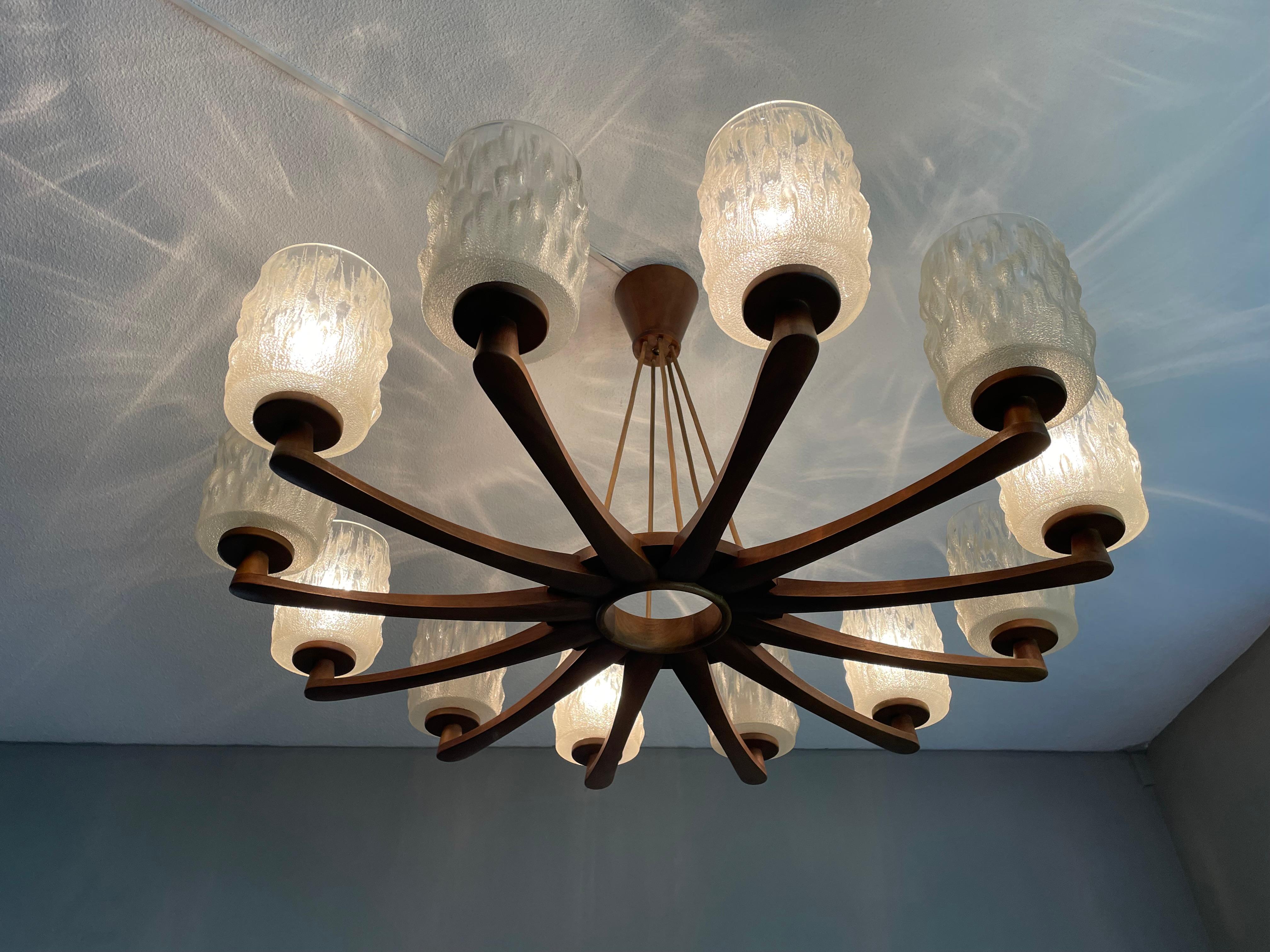 Large & Sophisticated Mid-Century Modern, Wood and Art Glass 12 Light Chandelier For Sale 10