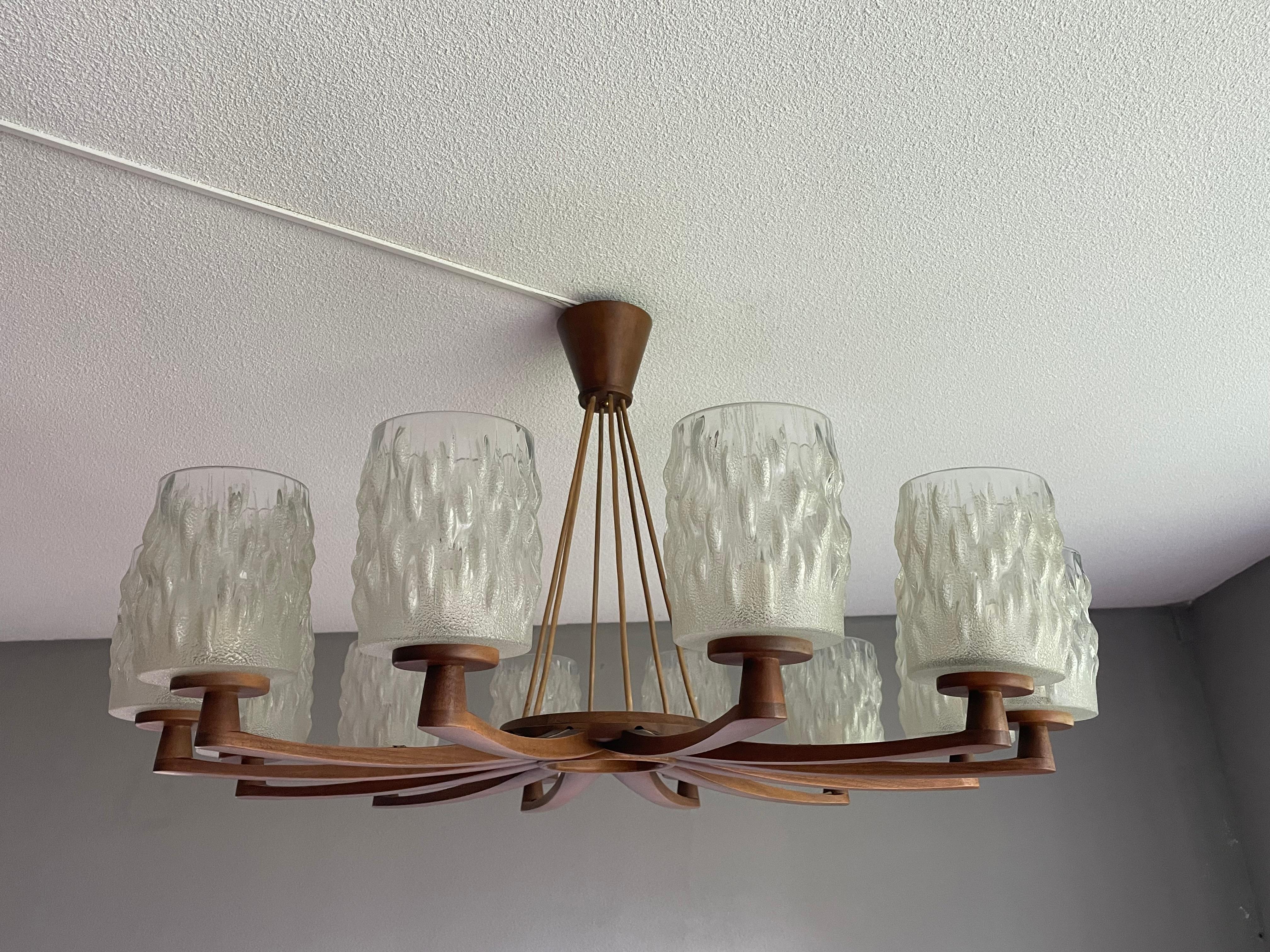 Large & Sophisticated Mid-Century Modern, Wood and Art Glass 12 Light Chandelier For Sale 11