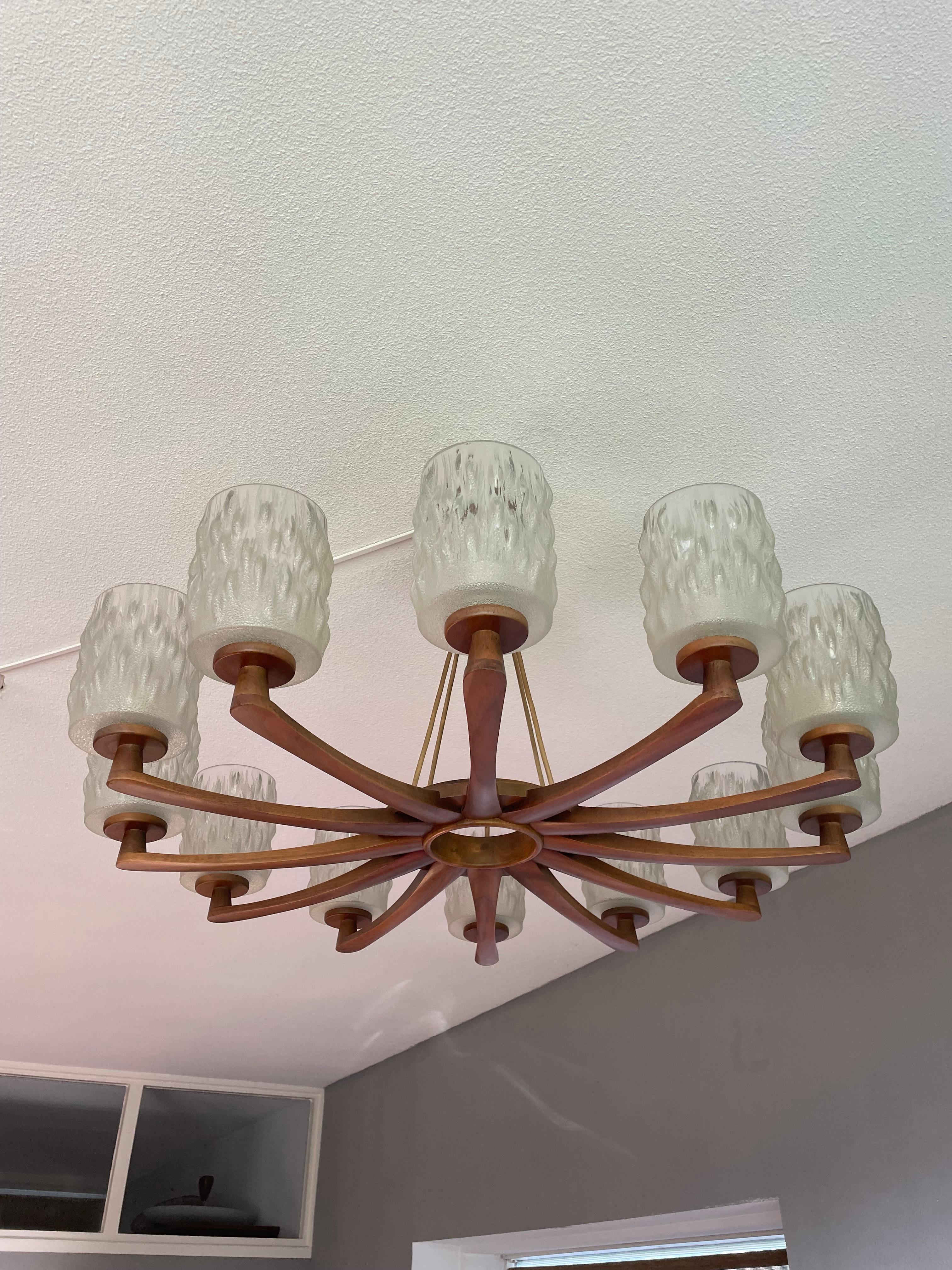 Large & Sophisticated Mid-Century Modern, Wood and Art Glass 12 Light Chandelier For Sale 13