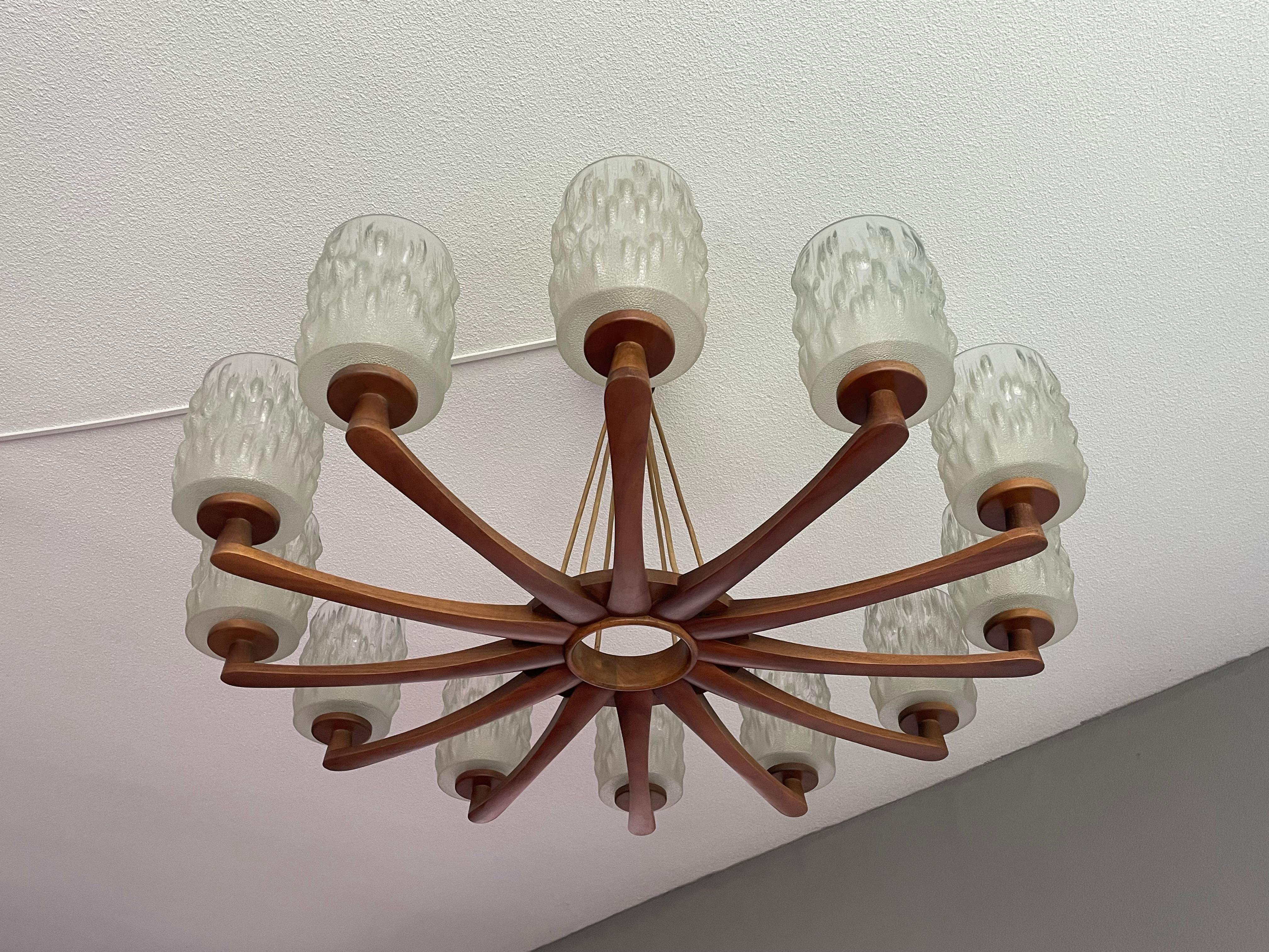 Scandinavian Large & Sophisticated Mid-Century Modern, Wood and Art Glass 12 Light Chandelier For Sale