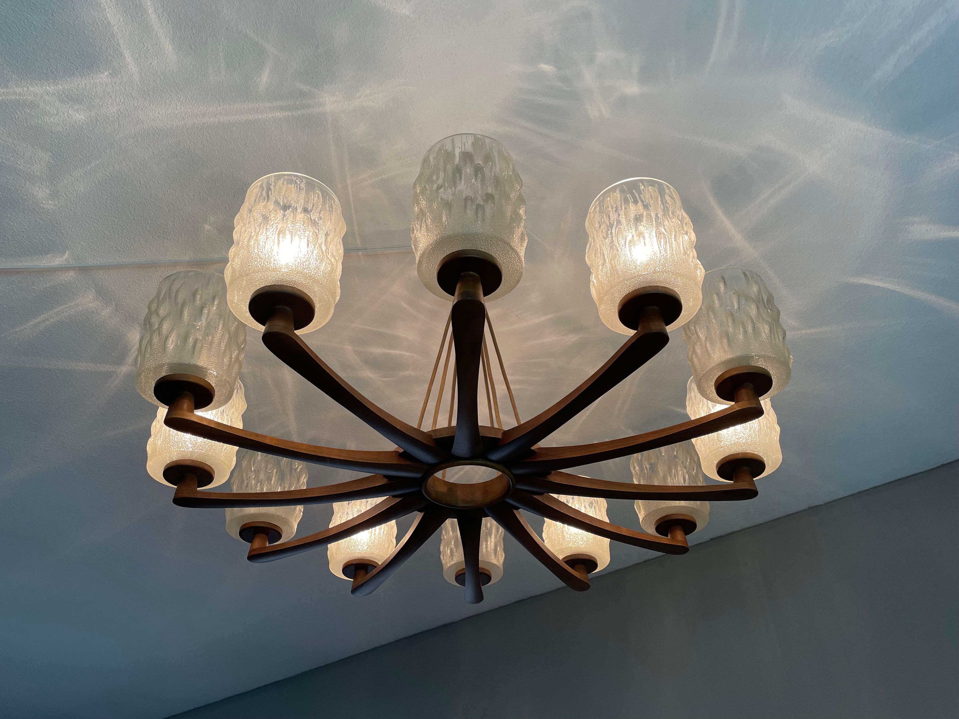 Cast Large & Sophisticated Mid-Century Modern, Wood and Art Glass 12 Light Chandelier For Sale