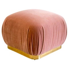 Large Brass Plinth Souffle Ottoman in Dusty Rose Mohair