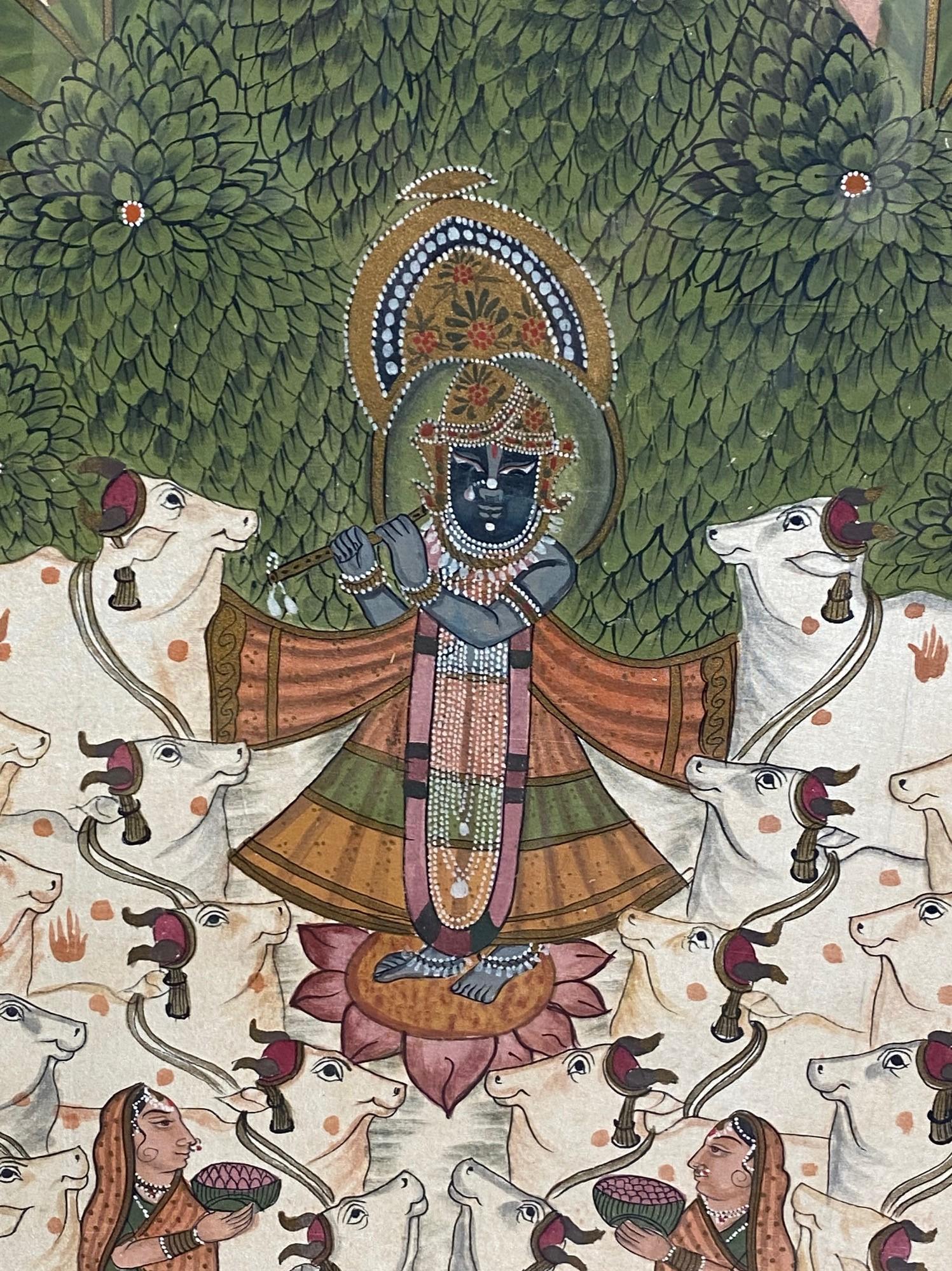 Folk Art Large South Indian India Asian Hindu Lord Krishna Original Pichwai Painting