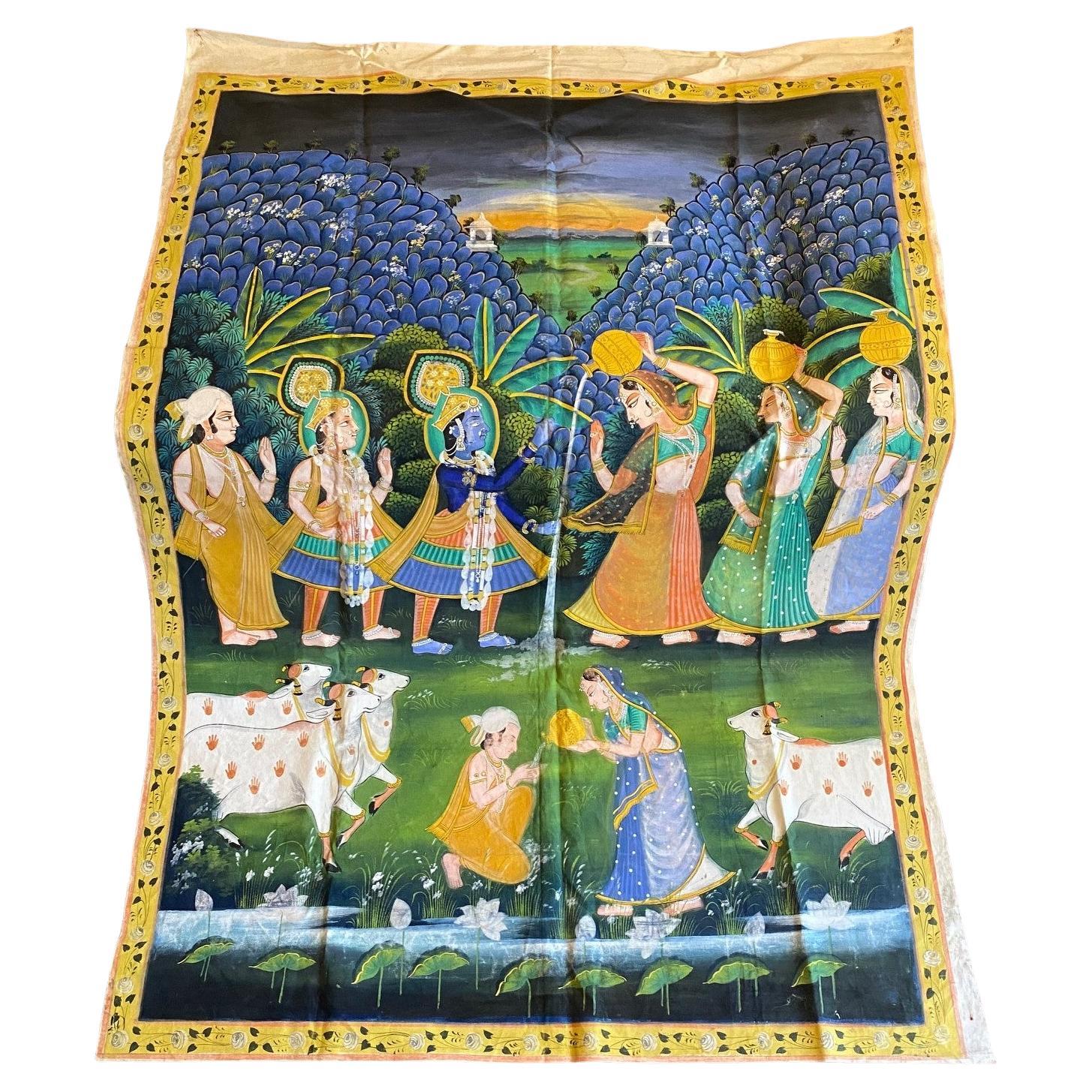 Grande peinture originale Pichwai de l'Inde du Sud, de l'Inde asiatique et de l'hindouisme, Lord Krishna