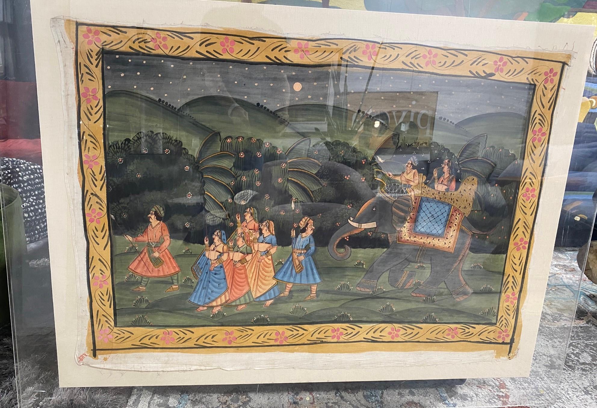 Großes Original-Kichwai-Gemälde einer Elefanten-Prozession aus Südindien, Indien, Asien (Volkskunst) im Angebot