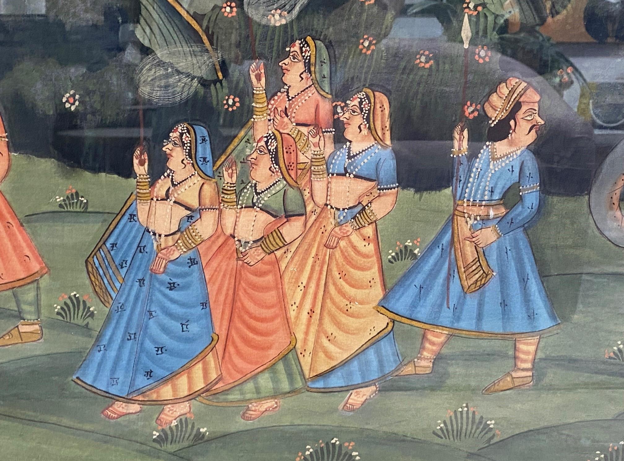 Peint à la main Grande peinture originale de Pichwai représentant une procession d'éléphants, Inde du Sud-Inde en vente