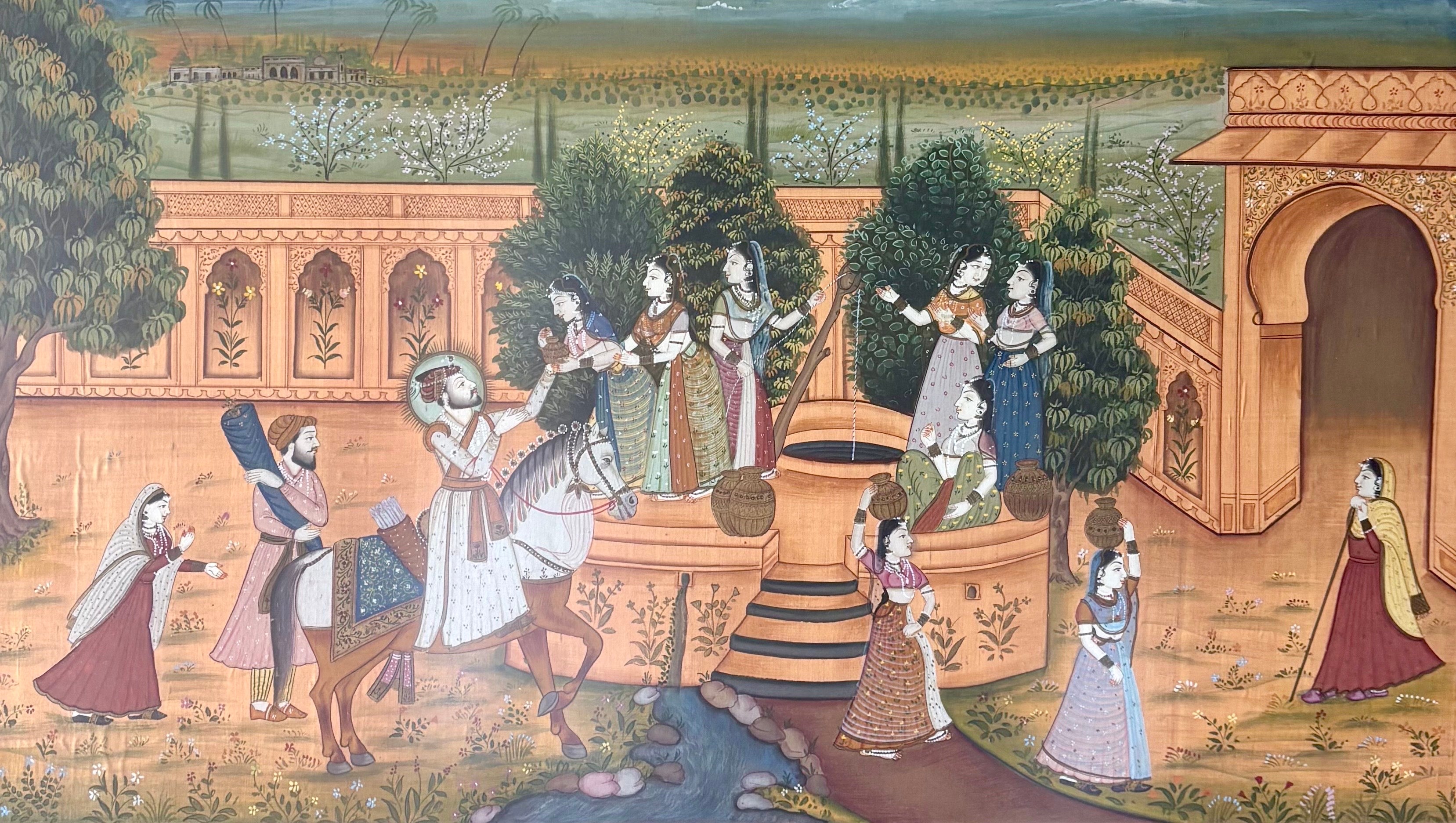 Large South Indian Pichwai Painting on Silk - Courtship Scene