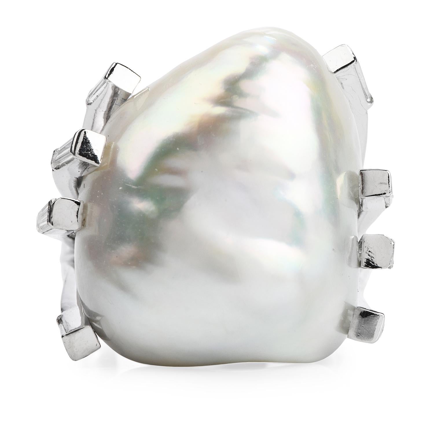 Modern Large South Sea Baroque White Pearl Platinum Diamond Cocktail Ring For Sale