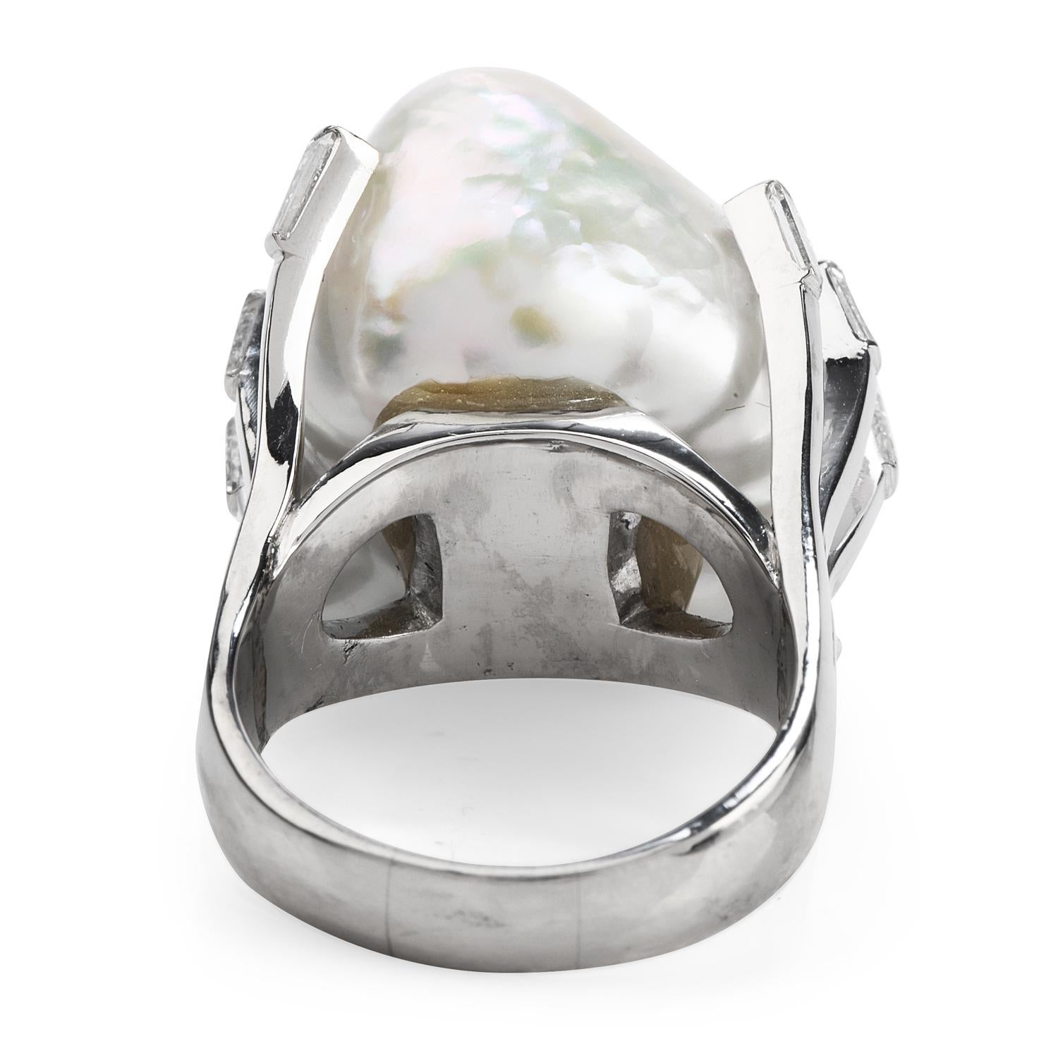 Large South Sea Baroque White Pearl Platinum Diamond Cocktail Ring In Excellent Condition For Sale In Miami, FL