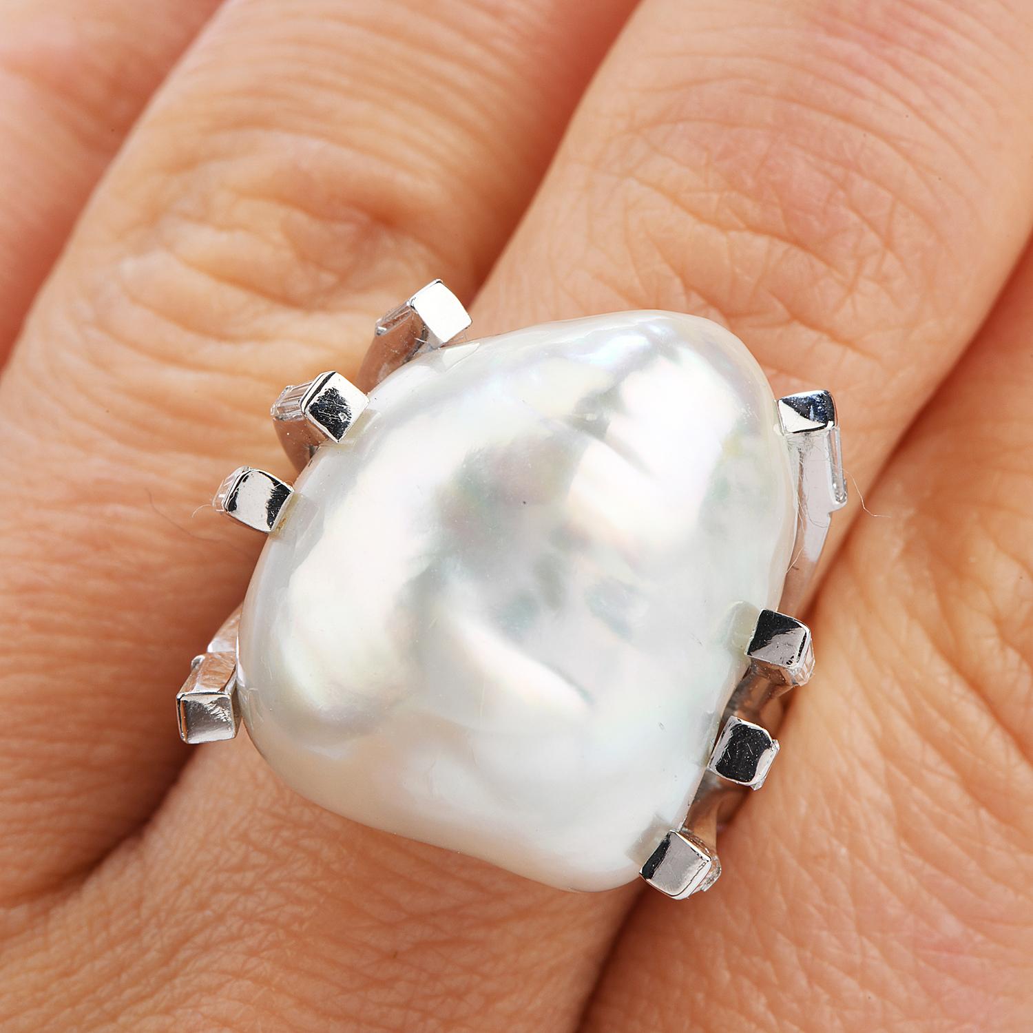 Women's Large South Sea Baroque White Pearl Platinum Diamond Cocktail Ring For Sale