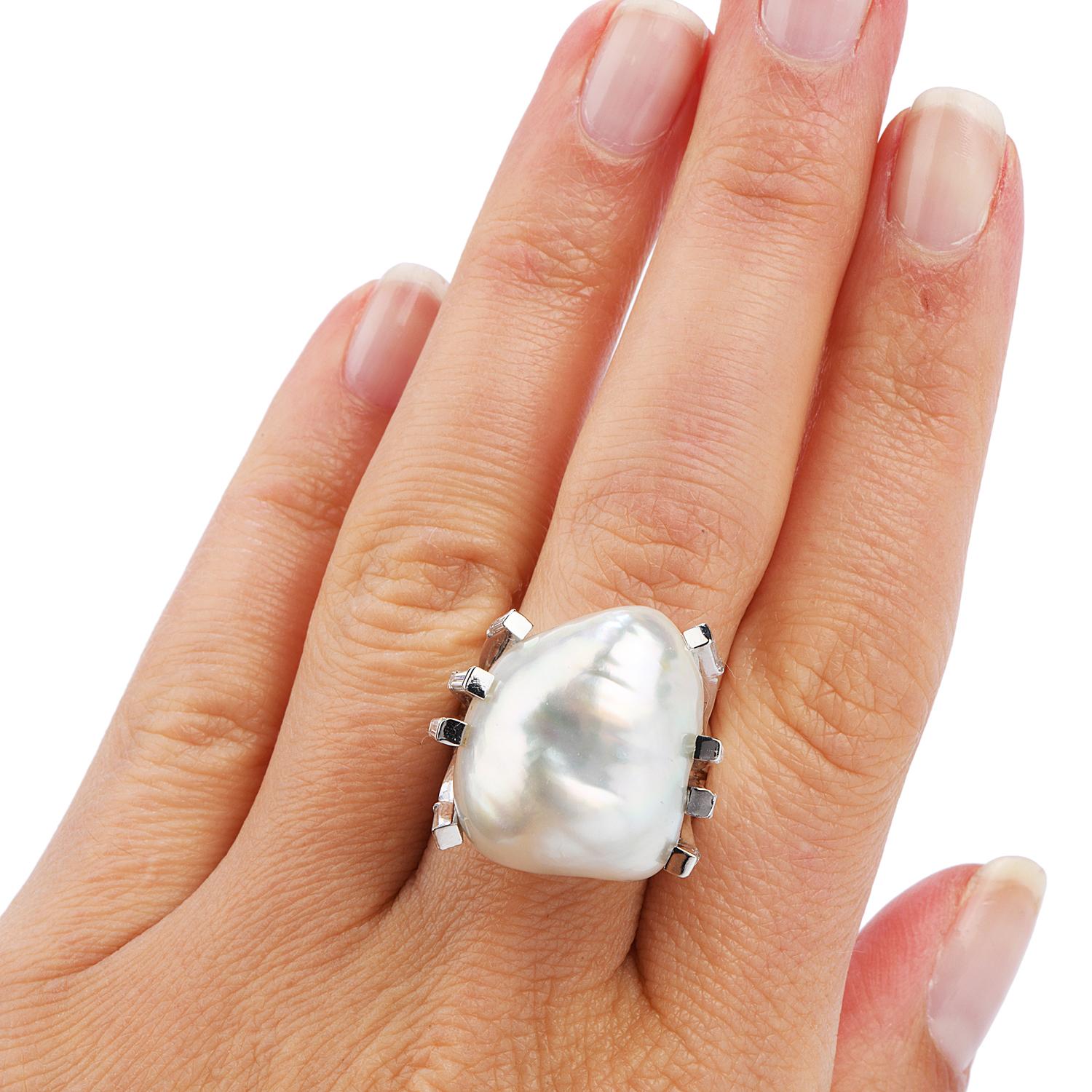 Large South Sea Baroque White Pearl Platinum Diamond Cocktail Ring For Sale 1