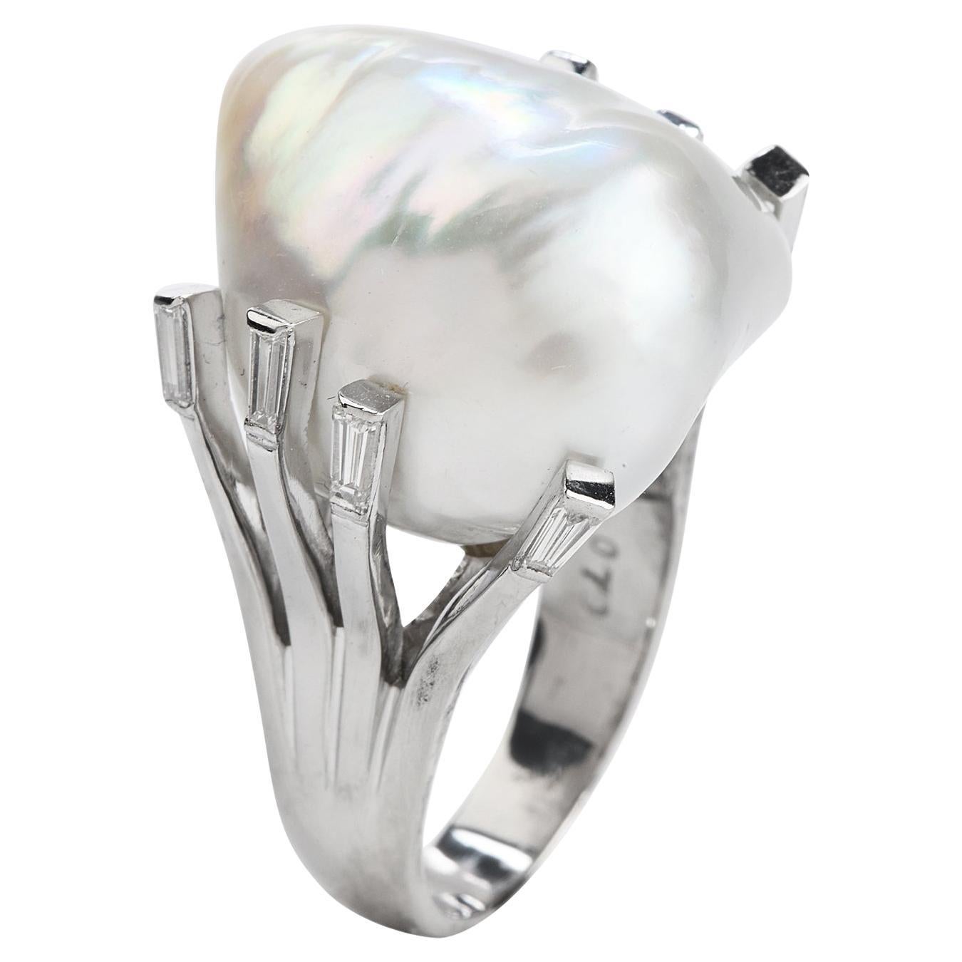 Large South Sea Baroque White Pearl Platinum Diamond Cocktail Ring For Sale