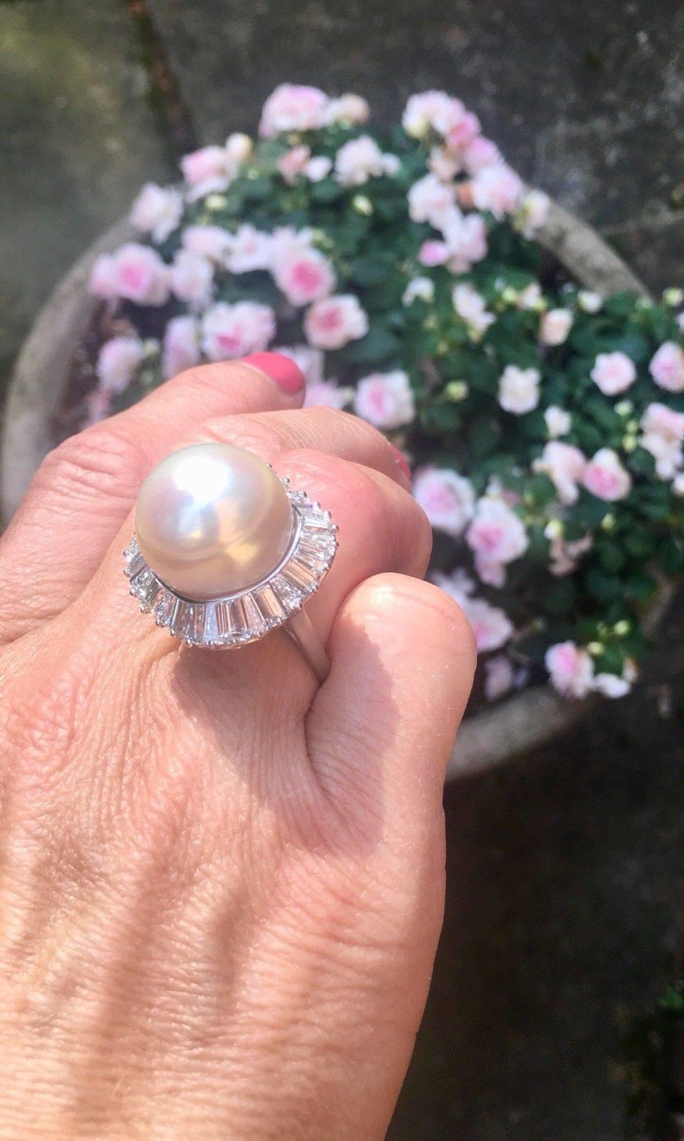 Baguette Cut Large South Sea Cultured Pearl 3.77 Carat VS Diamond Platinum Cocktail Ring For Sale