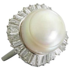 Large South Sea Cultured Pearl 3.77 Carat VS Diamond Platinum Cocktail Ring