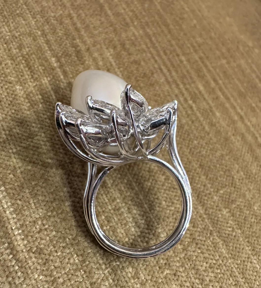 Uncut Large South Sea Pearl & Diamond Cocktail Ring by Tibor in Platinum For Sale