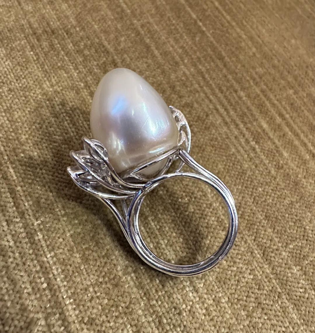 Large South Sea Pearl & Diamond Cocktail Ring by Tibor in Platinum For Sale 1