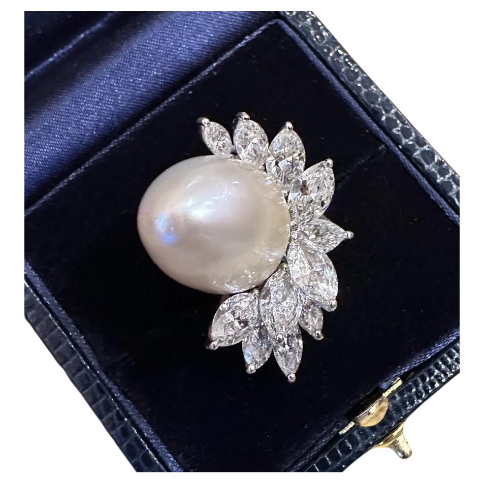 Large South Sea Pearl & Diamond Cocktail Ring by Tibor in Platinum For Sale