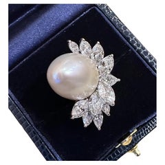 Retro Large South Sea Pearl & Diamond Cocktail Ring by Tibor in Platinum