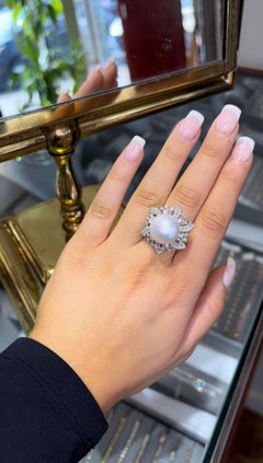 Large South Sea Pearl Diamond Ring, 15.5mm Pearl, 3.95ct Baguette Round Diamonds