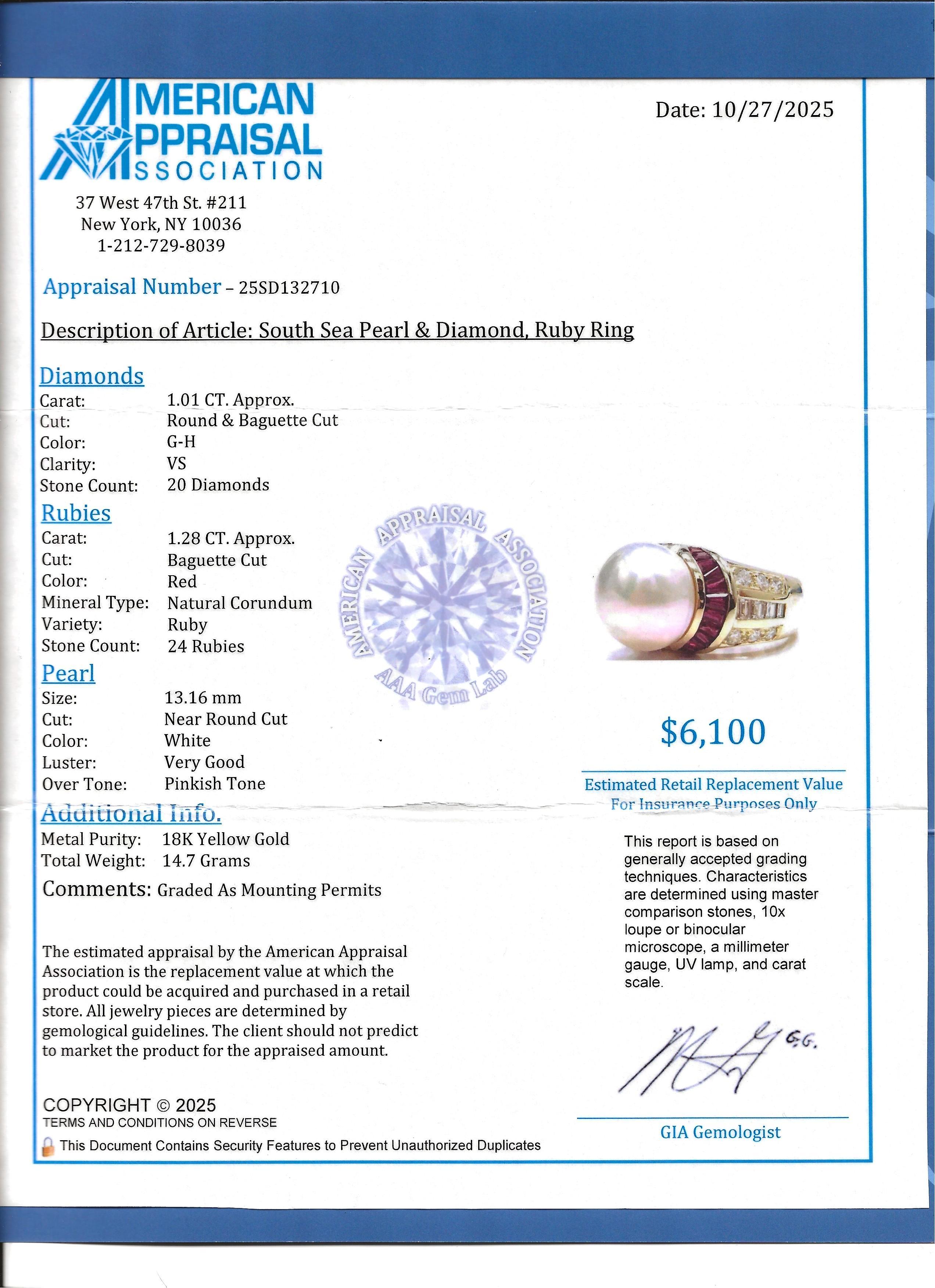 Grande anello cocktail con perle dei mari del sud, rubini e diamanti in oro giallo 18 carati in vendita 7