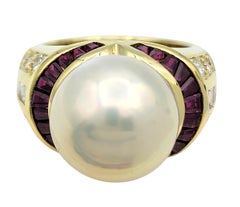 Large South Sea Pearl, Ruby and Diamond Cocktail Ring in 18 Karat Yellow Gold