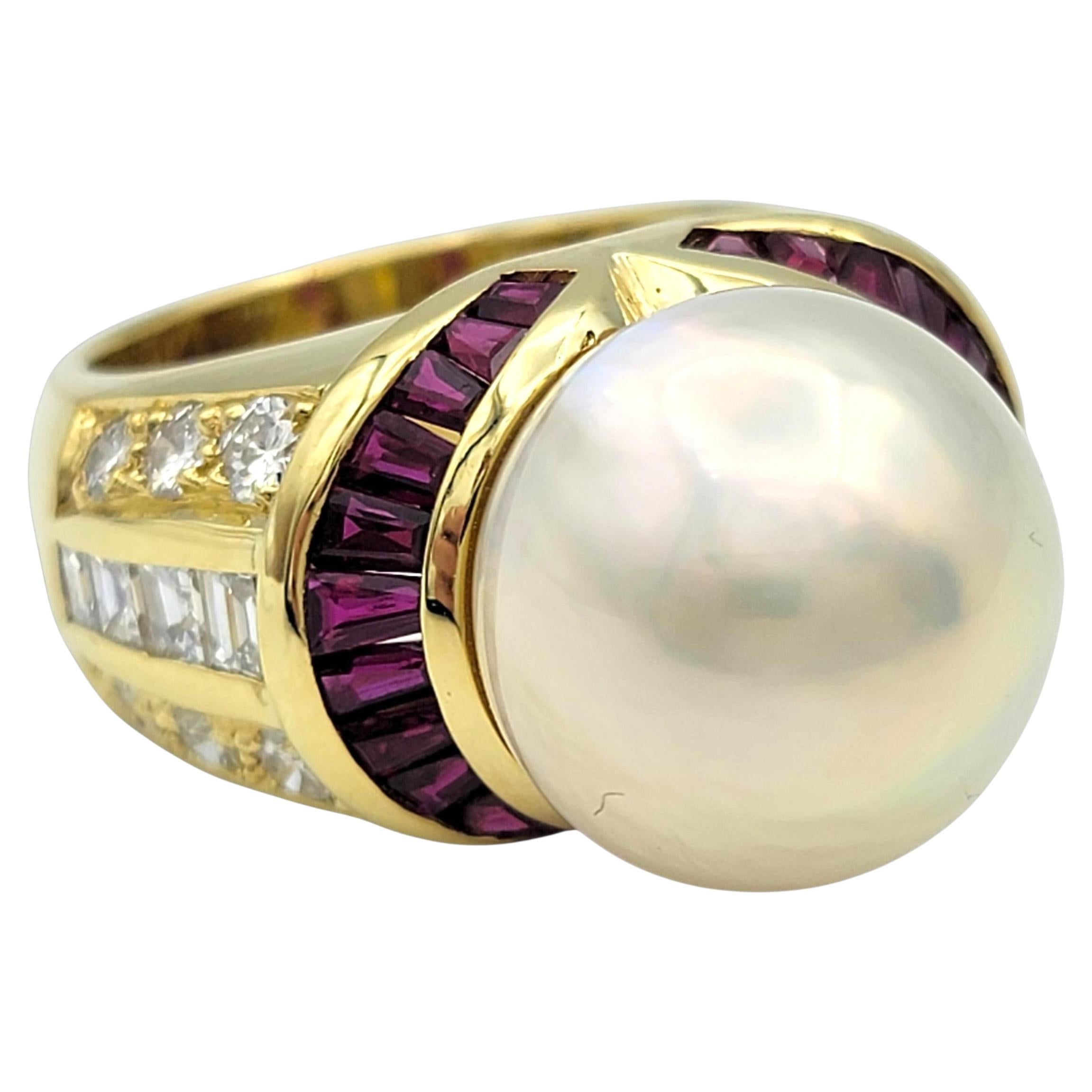 Large South Sea Pearl, Ruby and Diamond Cocktail Ring in 18 Karat Yellow Gold