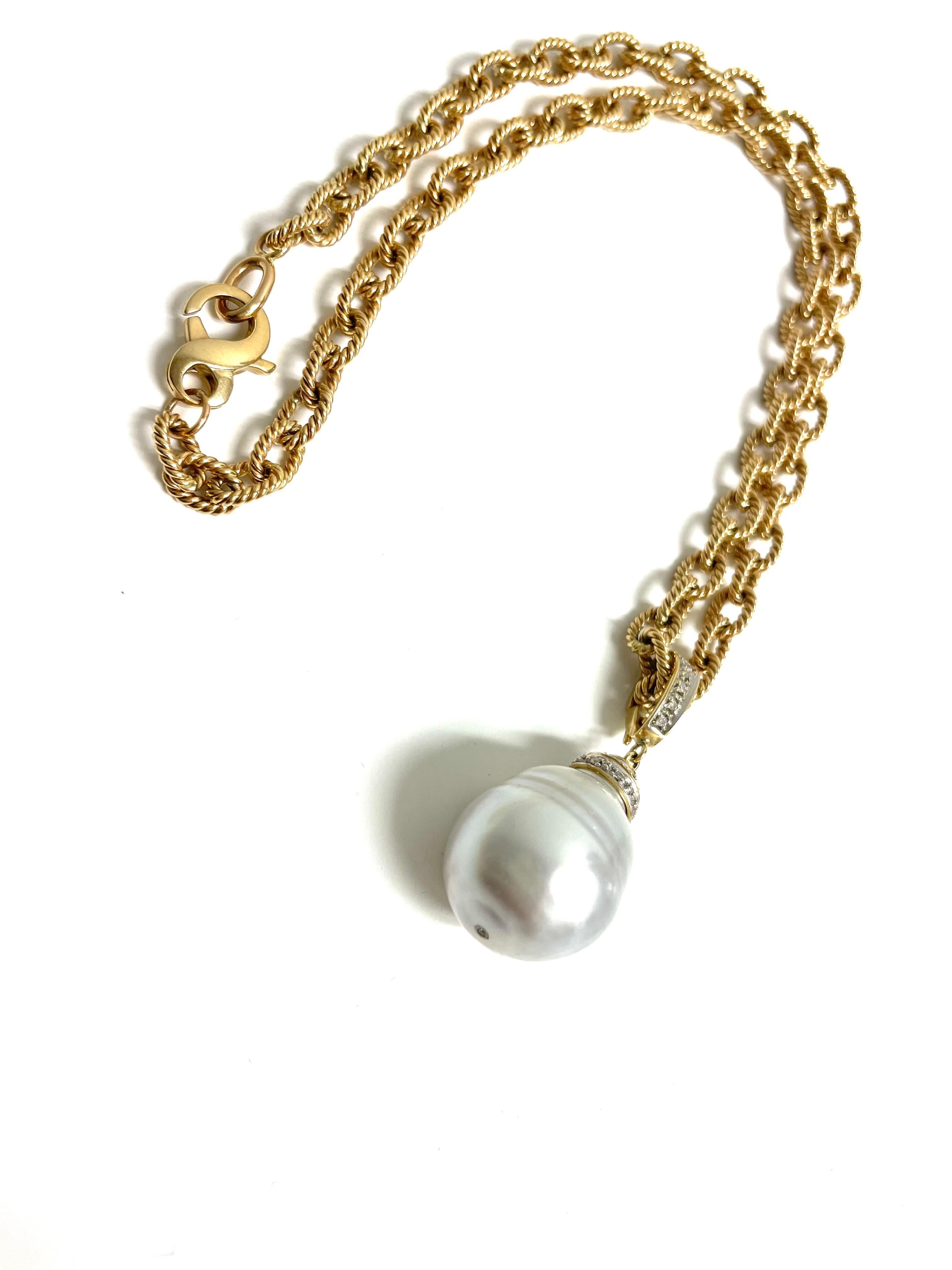 Pear Cut Large South Sea Pearl with Diamonds on Gold Chain Necklace For Sale