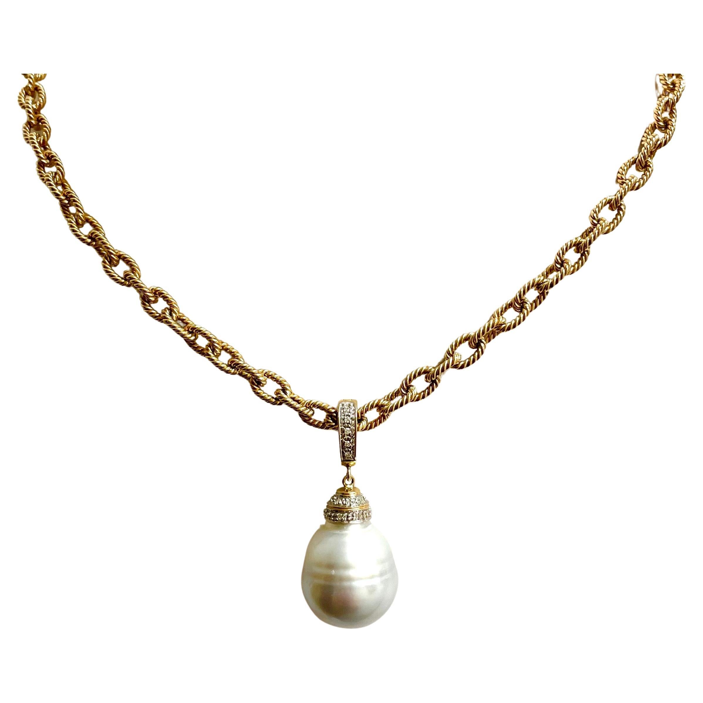Women's Large South Sea Pearl with Diamonds on Gold Chain Necklace For Sale