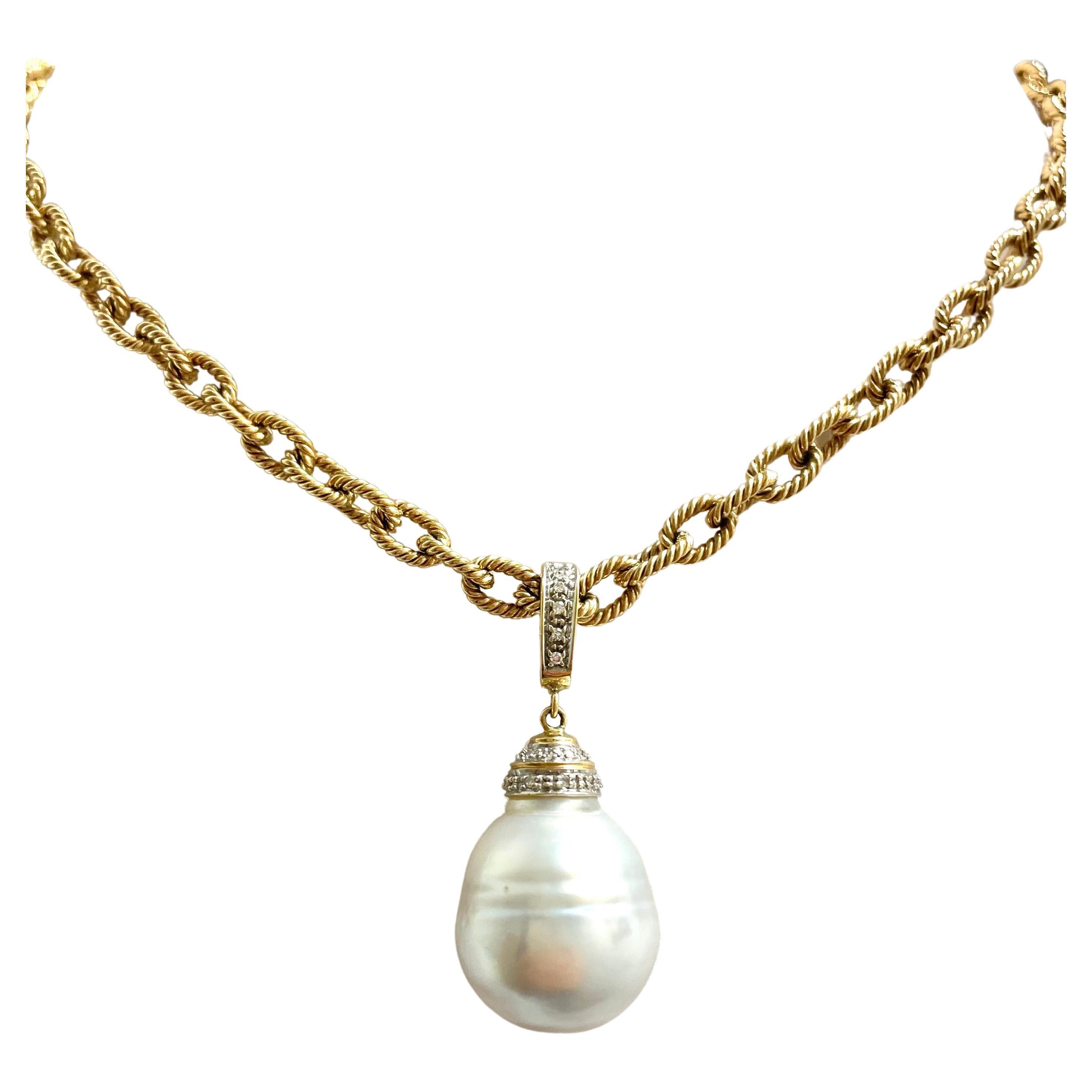 Artisan Large South Sea Pearl with Diamonds on Gold Chain Necklace For Sale