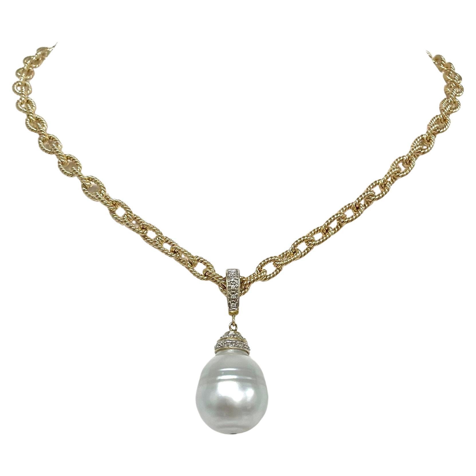 Large South Sea Pearl with Diamonds on Gold Chain Necklace For Sale