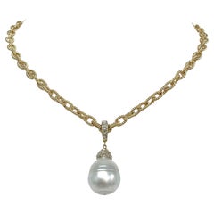 Large South Sea Pearl with Diamonds on Gold Chain Necklace
