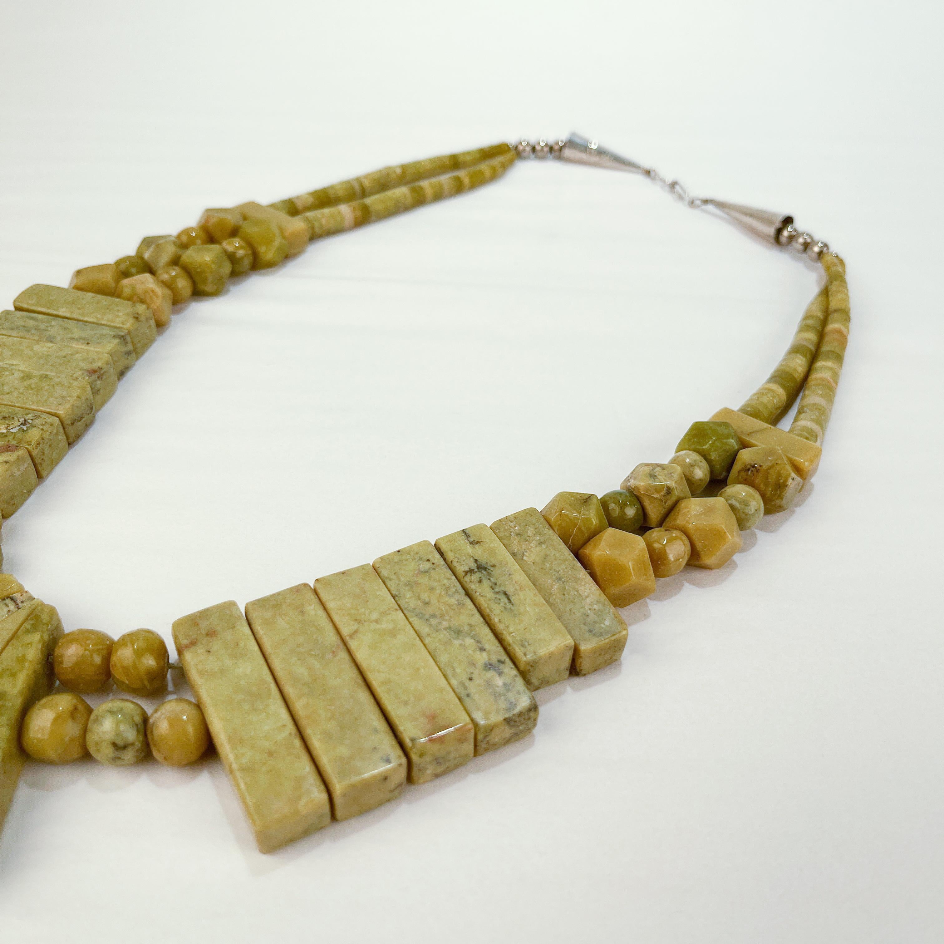 Large Southwestern Gaspeite & Silver Navajo Style Chunky Necklace For Sale 4