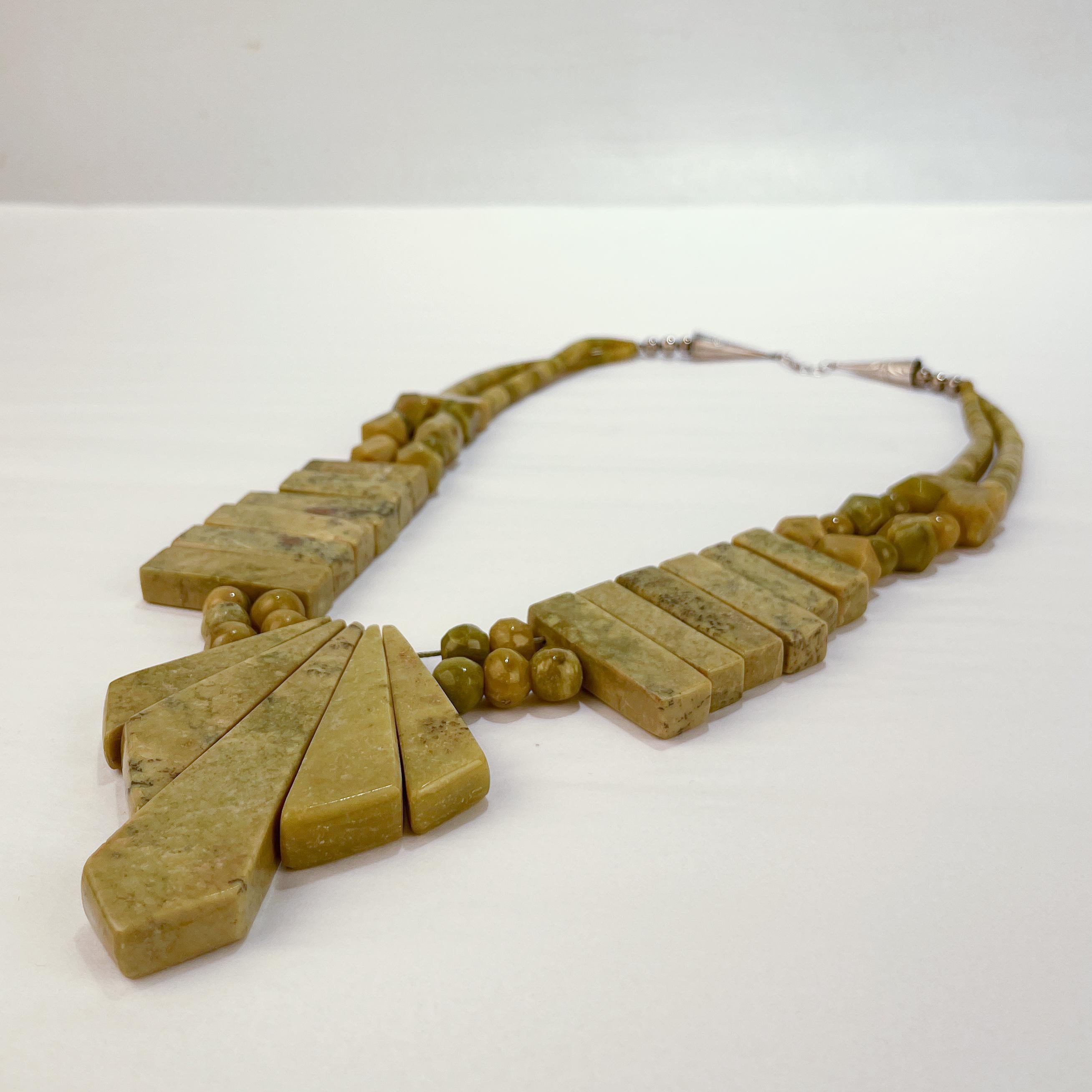 Large Southwestern Gaspeite & Silver Navajo Style Chunky Necklace In Good Condition For Sale In Philadelphia, PA