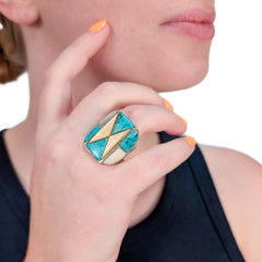 Large Southwestern Silver, Turquoise, & Mother-of-Pearl Cocktail Ring