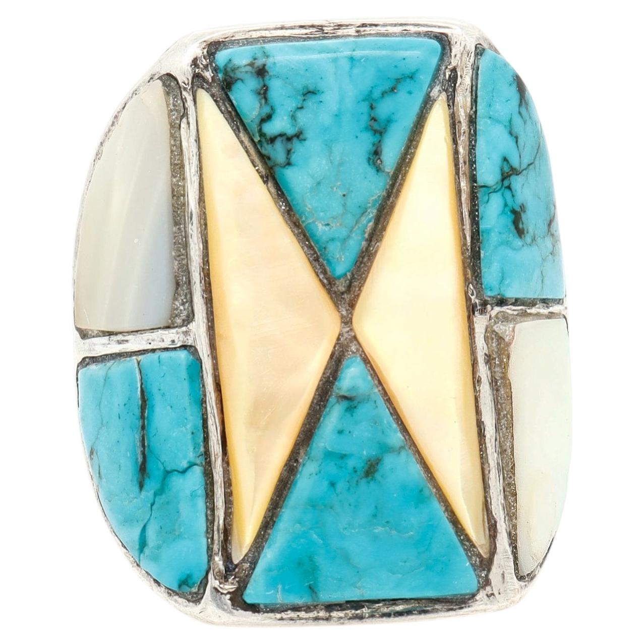 Large Southwestern Silver, Turquoise, & Mother-of-Pearl Cocktail Ring