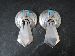 Large Southwestern Sterling Inlay Earrings Turquoise Lapis Pink Spiny Oyster