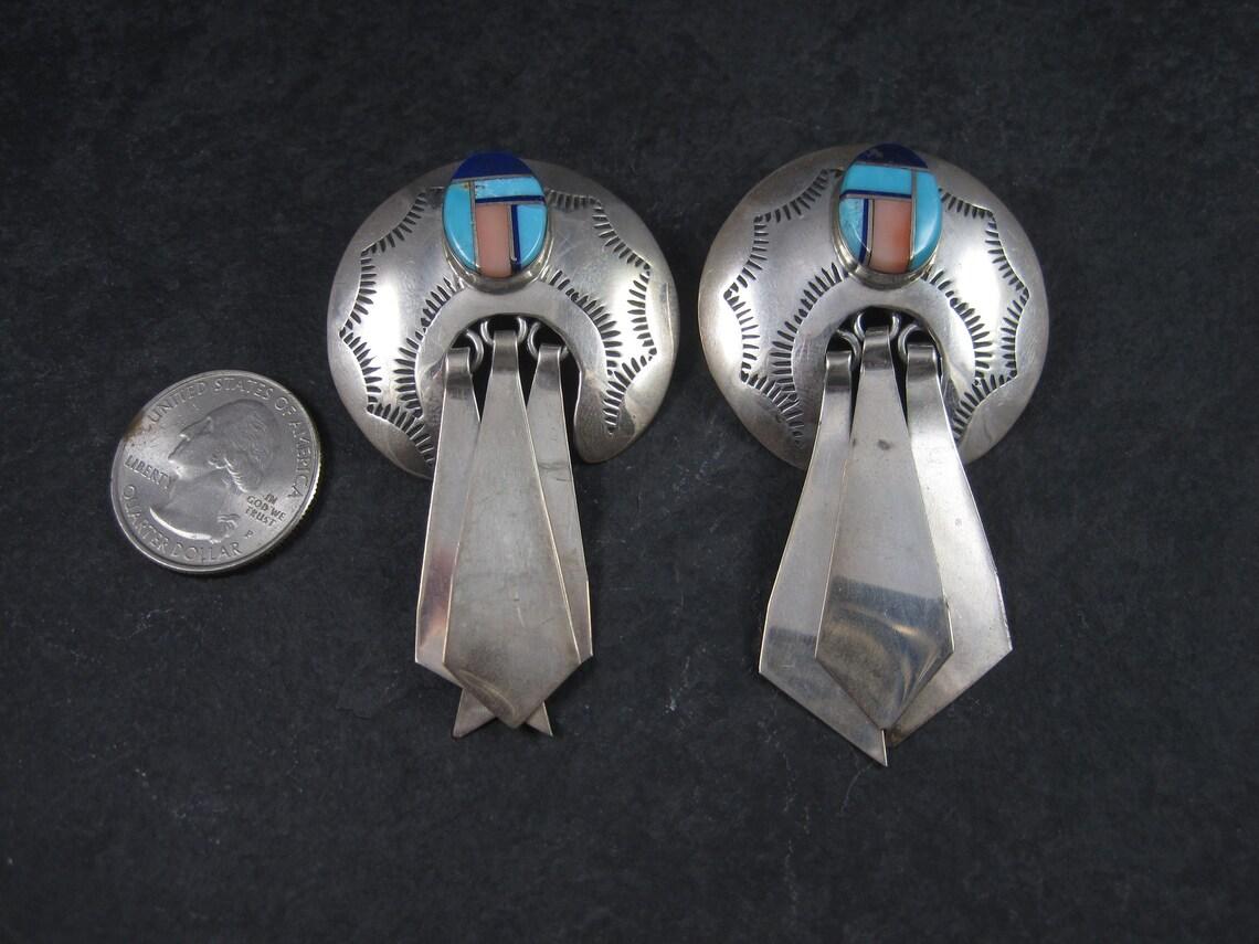 Mixed Cut Large Southwestern Sterling Inlay Earrings Turquoise Lapis Pink Spiny Oyster For Sale