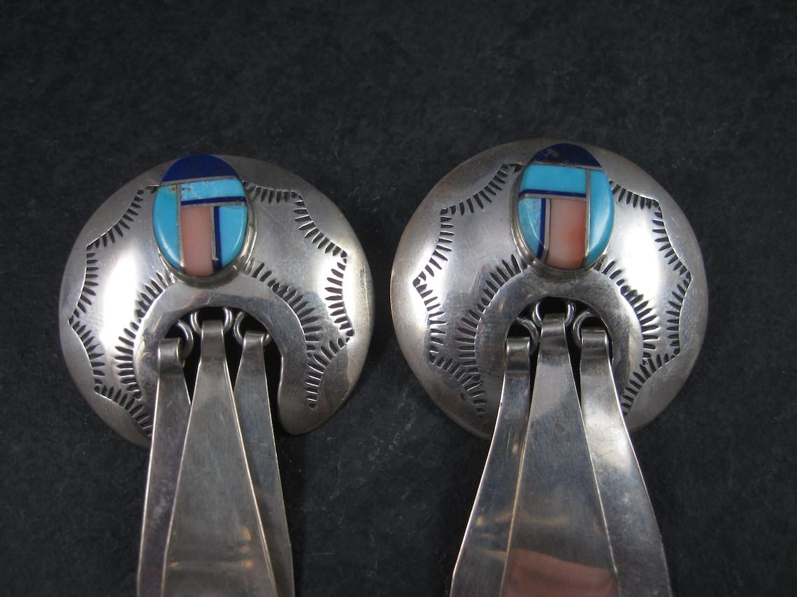 Large Southwestern Sterling Inlay Earrings Turquoise Lapis Pink Spiny Oyster In Excellent Condition For Sale In Webster, SD